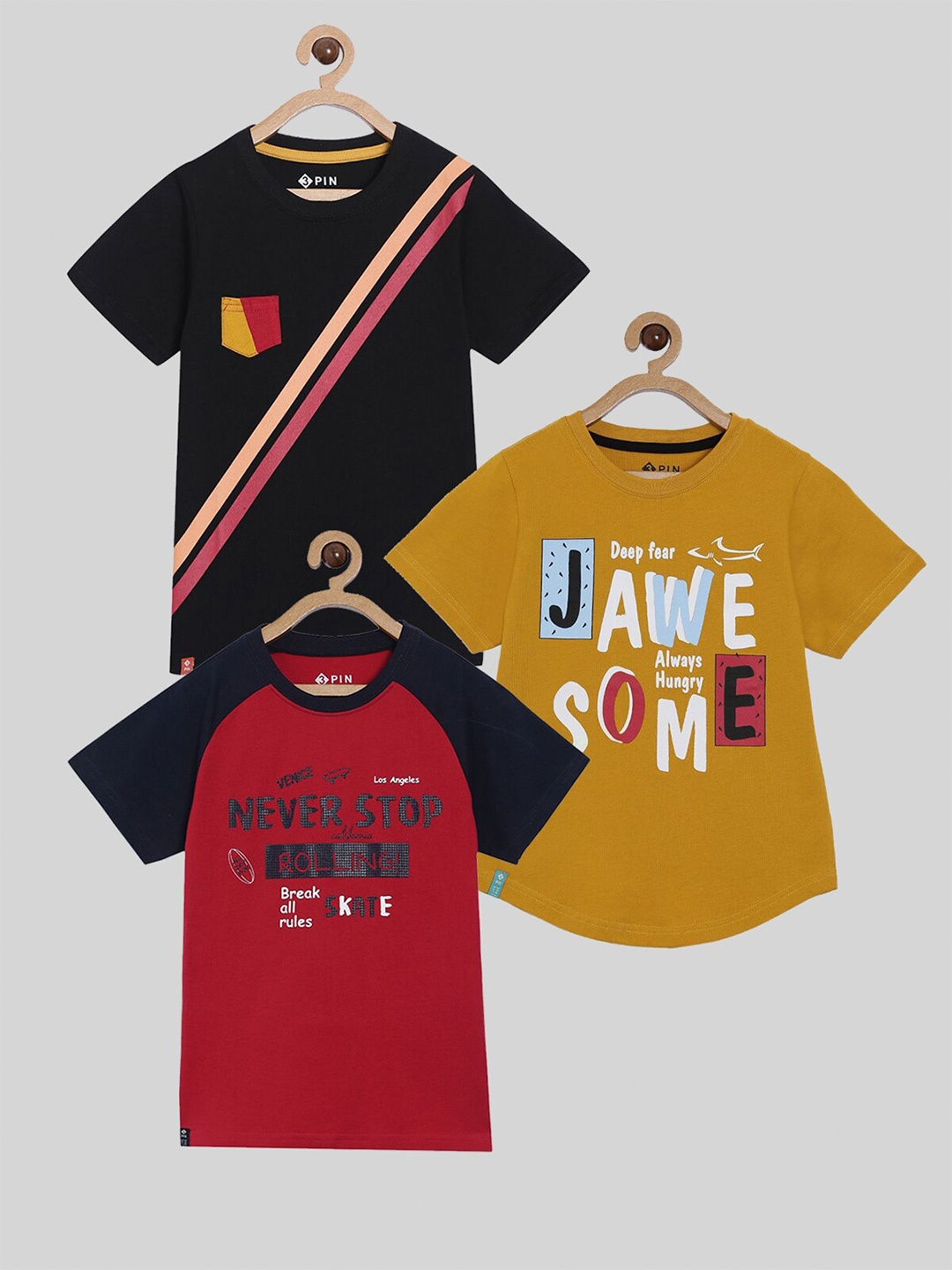 

3PIN Boys Yellow And Red Typography 3 Printed T-shirt