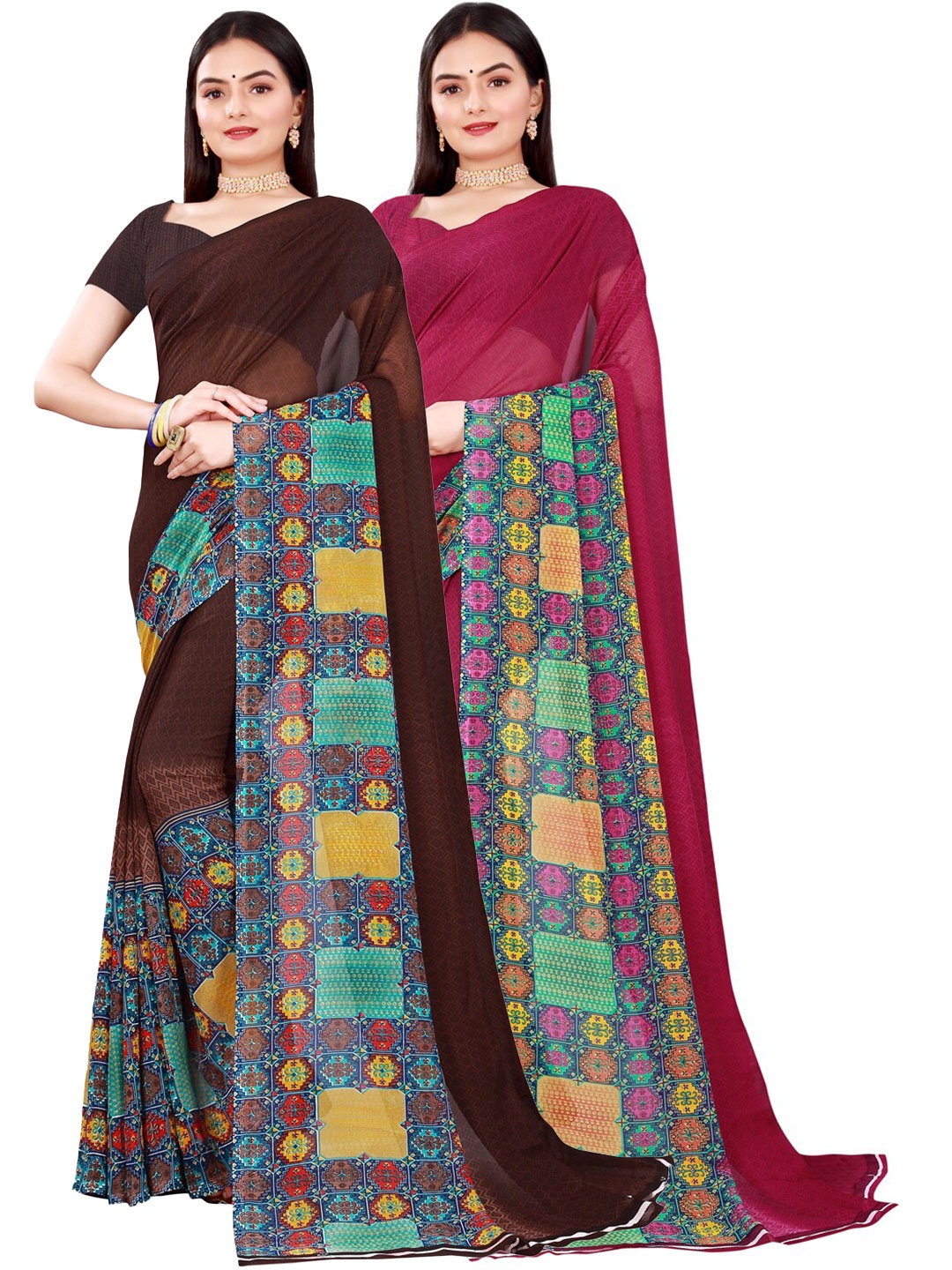 

SAADHVI Pack of 2 Maroon & Brown Pure Georgette Saree