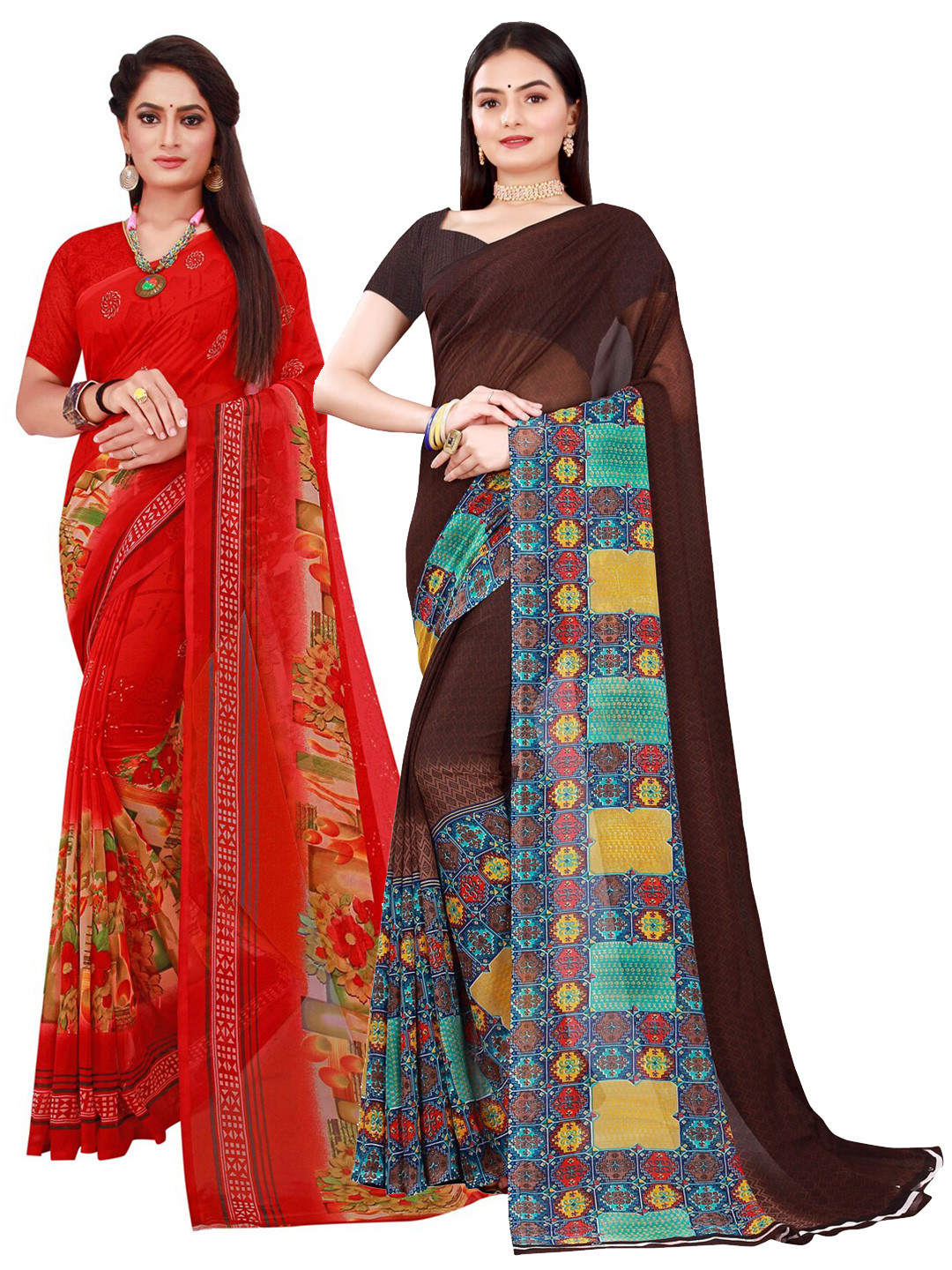 

SAADHVI Pack Of 2 Brown & Red Printed Pure Georgette Saree With Unstitched Blouse
