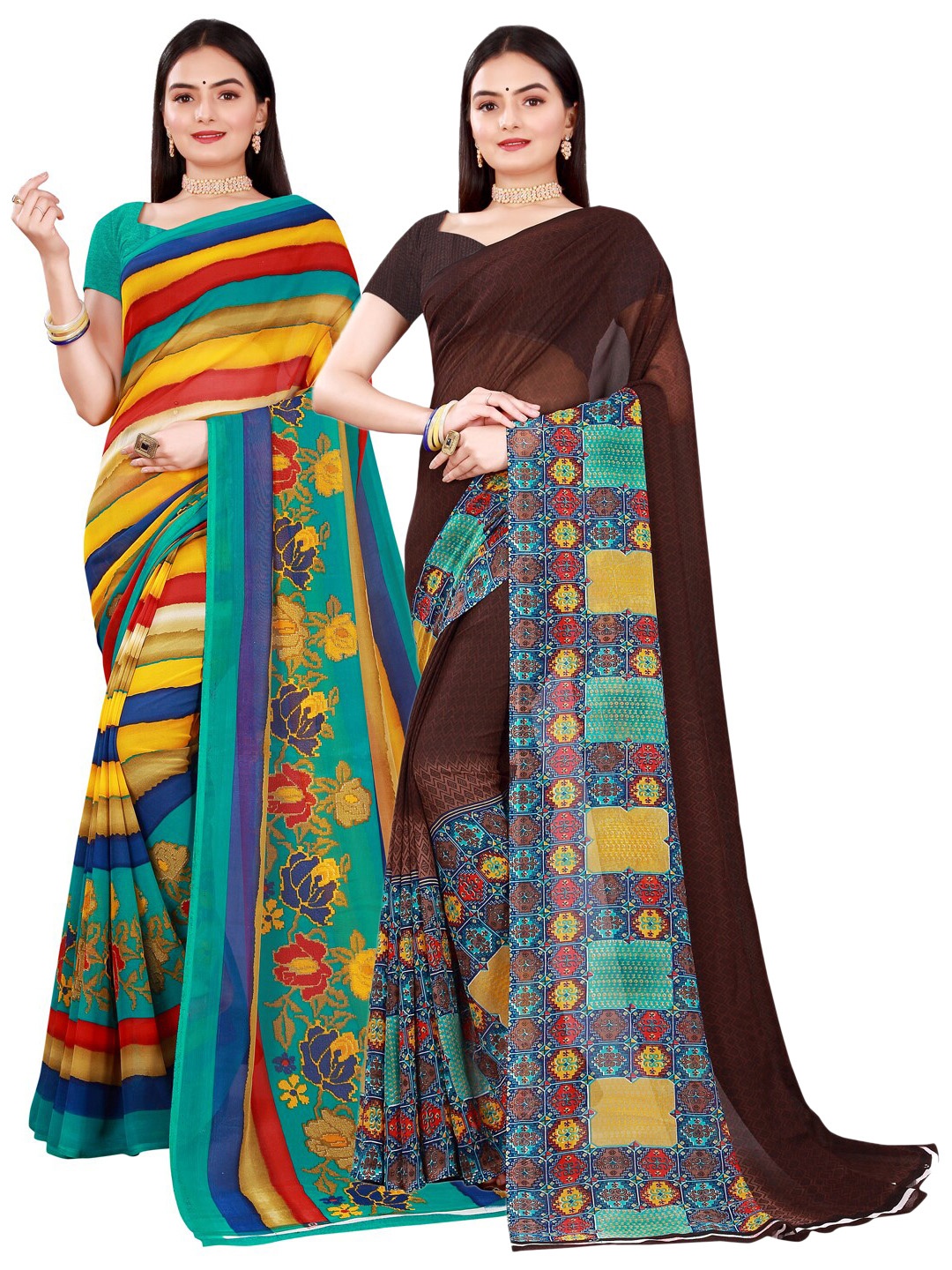 

SAADHVI Women Pack Of 2 Brown & Yellow Printed Pure Georgette Saree