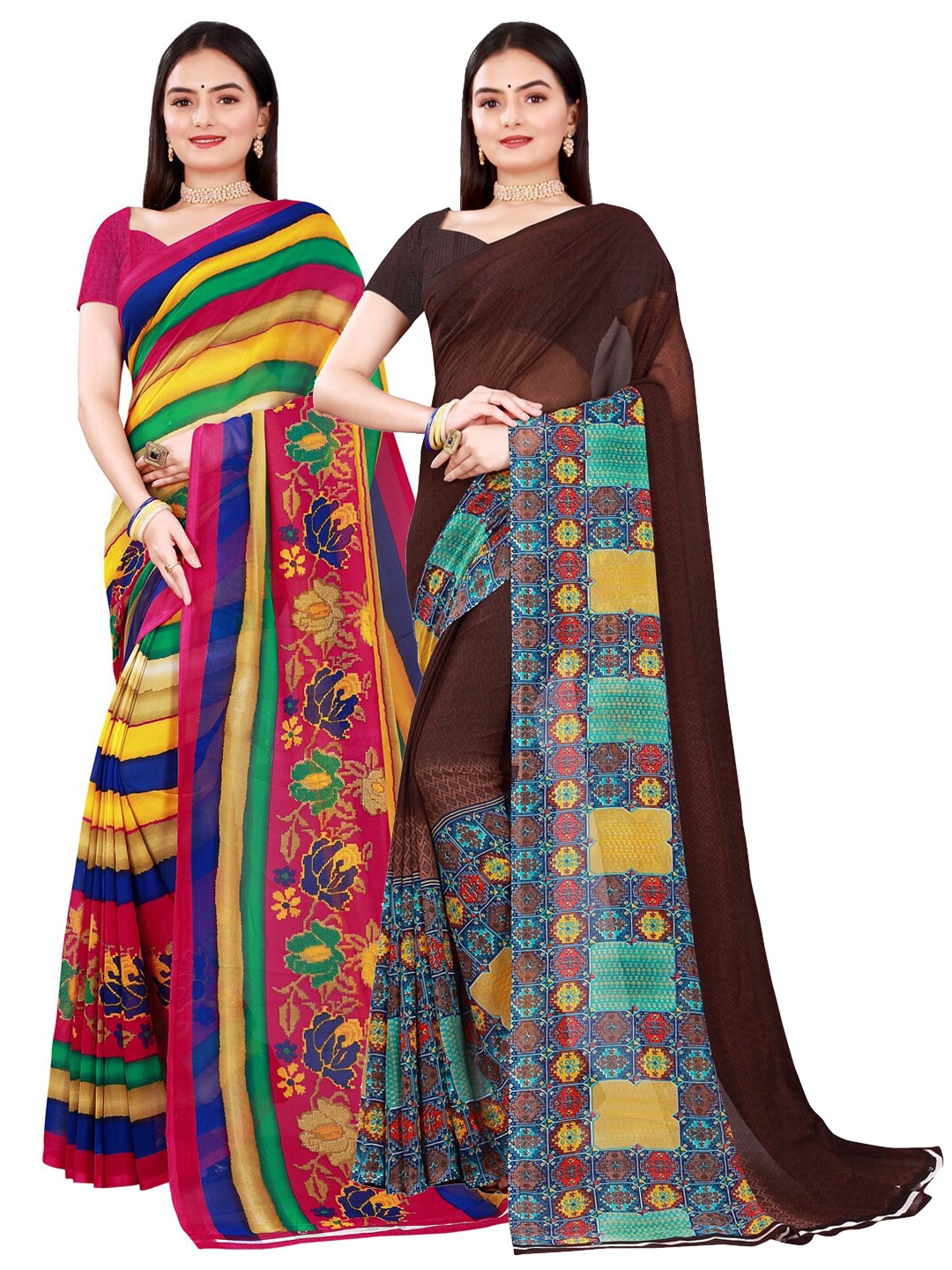 

SAADHVI Pack of 2 Brown & Green Striped Pure Georgette Saree