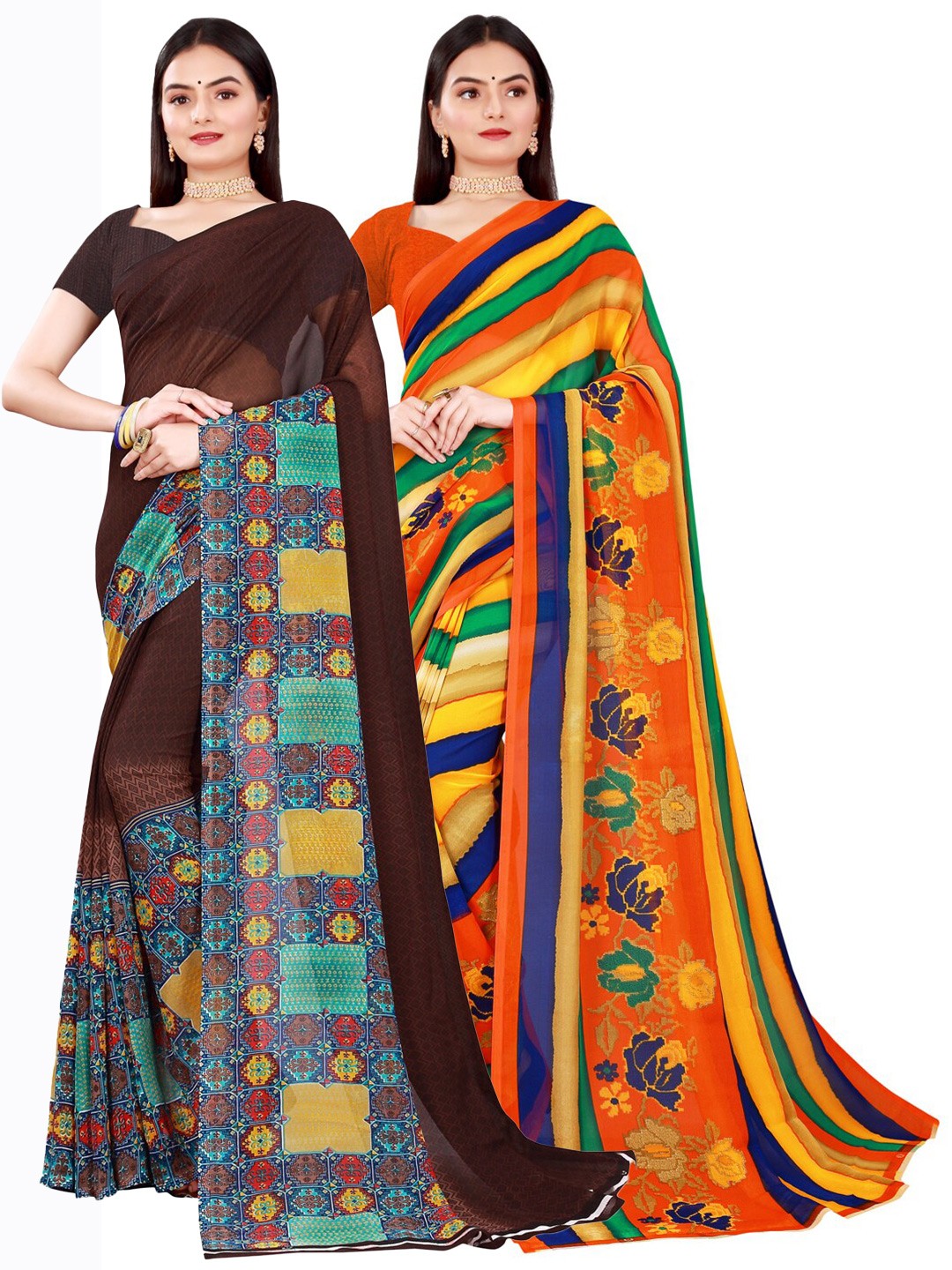 

SAADHVI Pack of 2 Brown & Yellow Ethnic Motifs Pure Georgette Saree