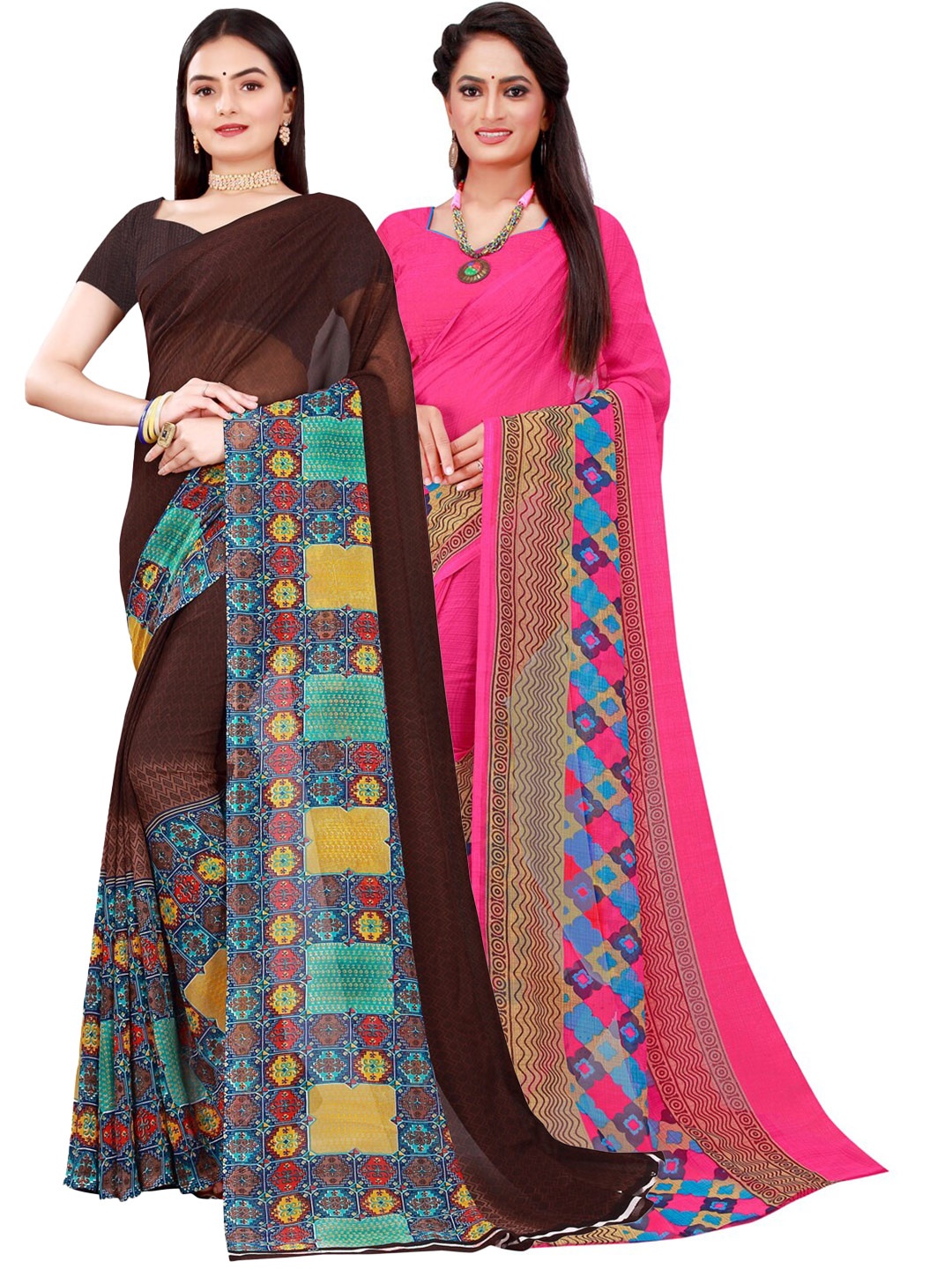 

SAADHVI Pack of 2 Magenta & Brown Pure Georgette Sarees