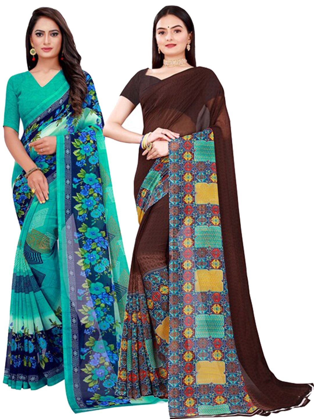 

SAADHVI Teal & Brown Pure Georgette Pack Of 2 Saree