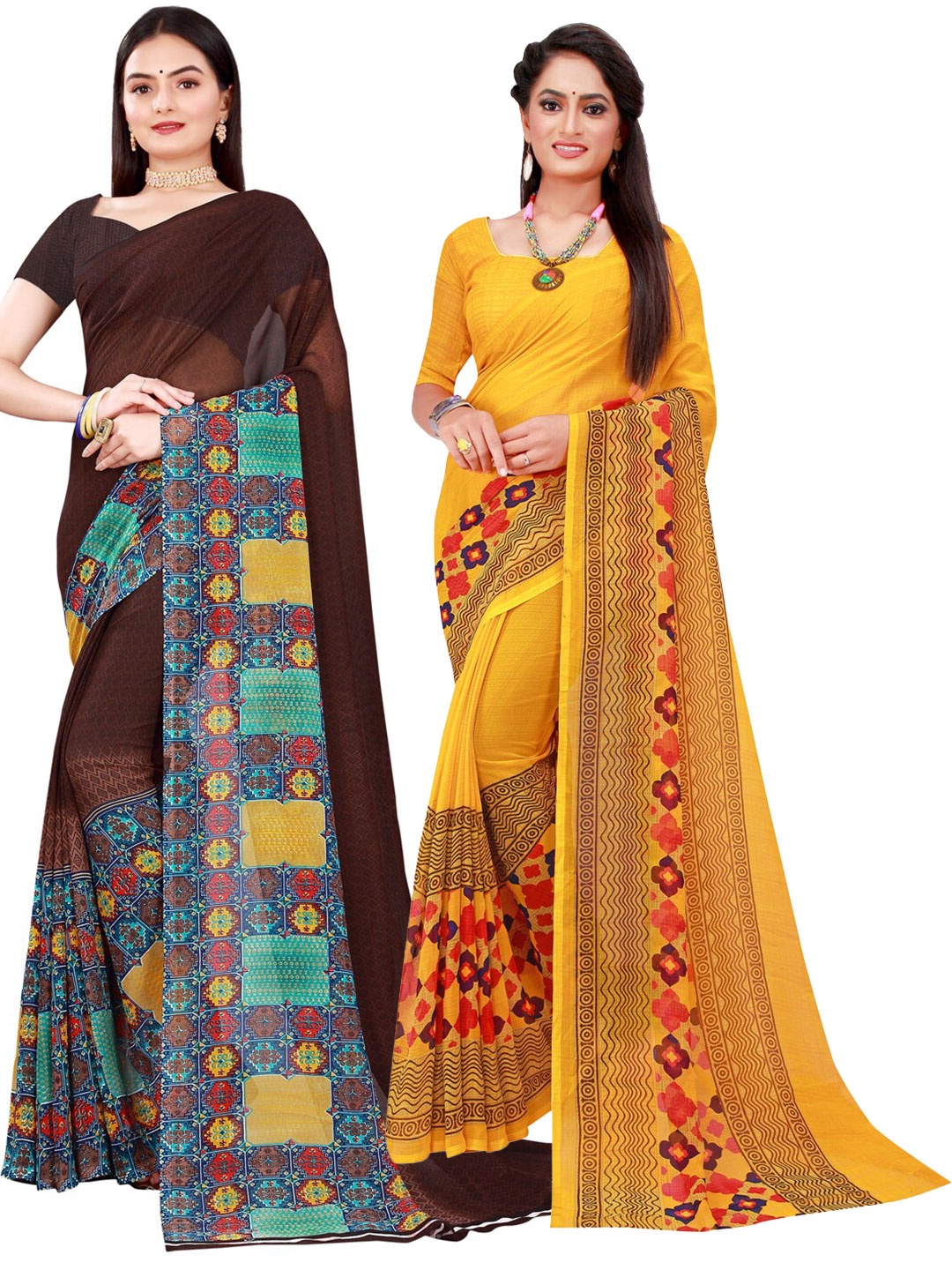 

SAADHVI Pack of 2 Yellow & Brown Georgette Pure Georgette Saree