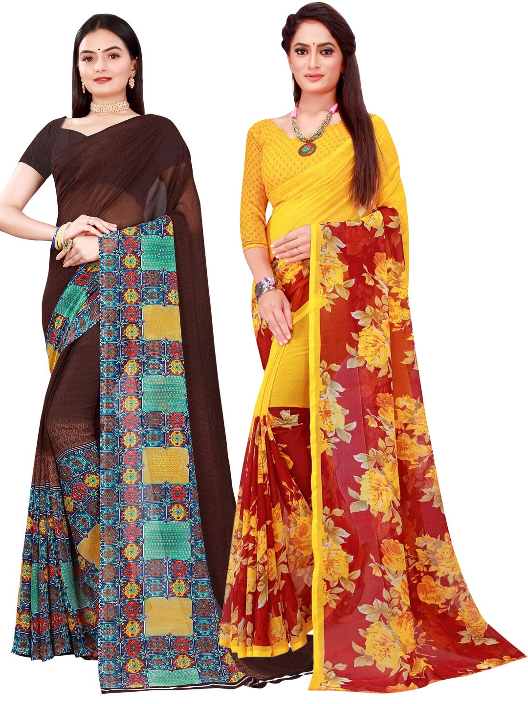 

SAADHVI Pack Of 2 Brown & Yellow Printed Floral Pure Georgette Saree