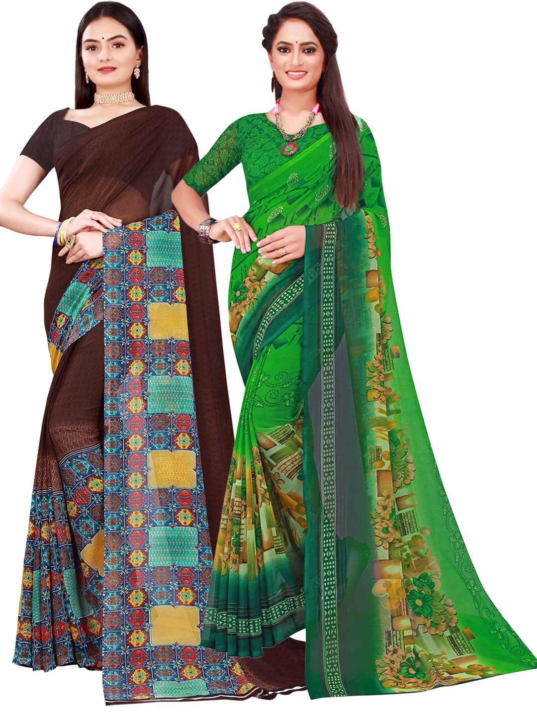 

SAADHVI Brown & Green Pack of 2 Pure Georgette Saree