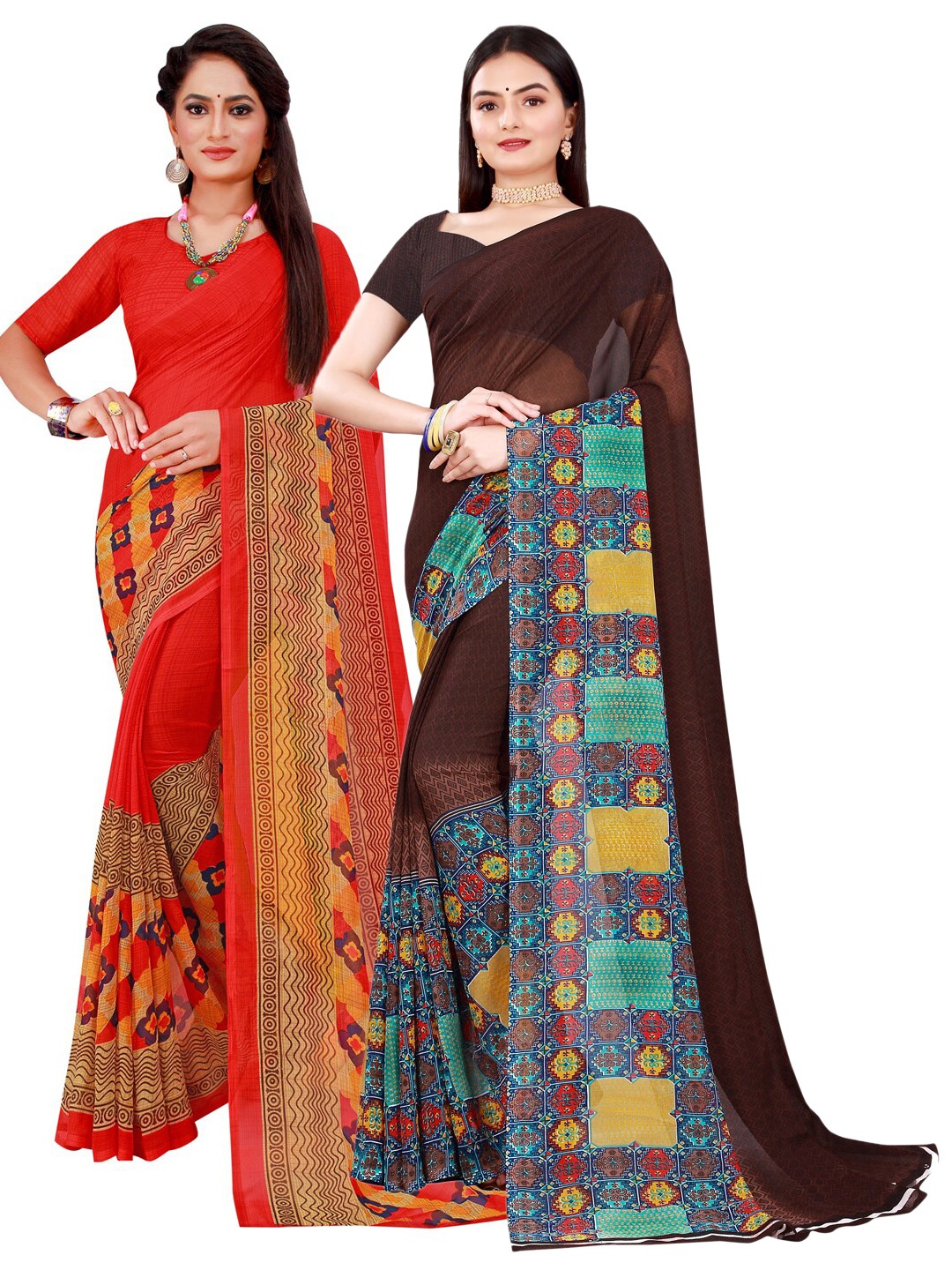 

SAADHVI Pack Of 2 Red & Brown Pure Georgette Saree