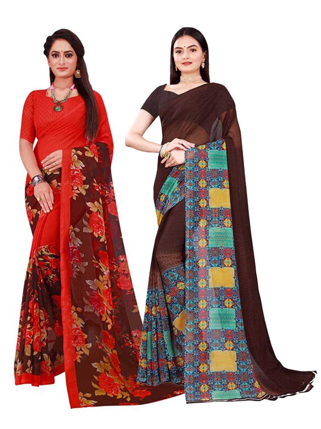 

SAADHVI Pack of 2 Brown & Red Floral Pure Georgette Saree