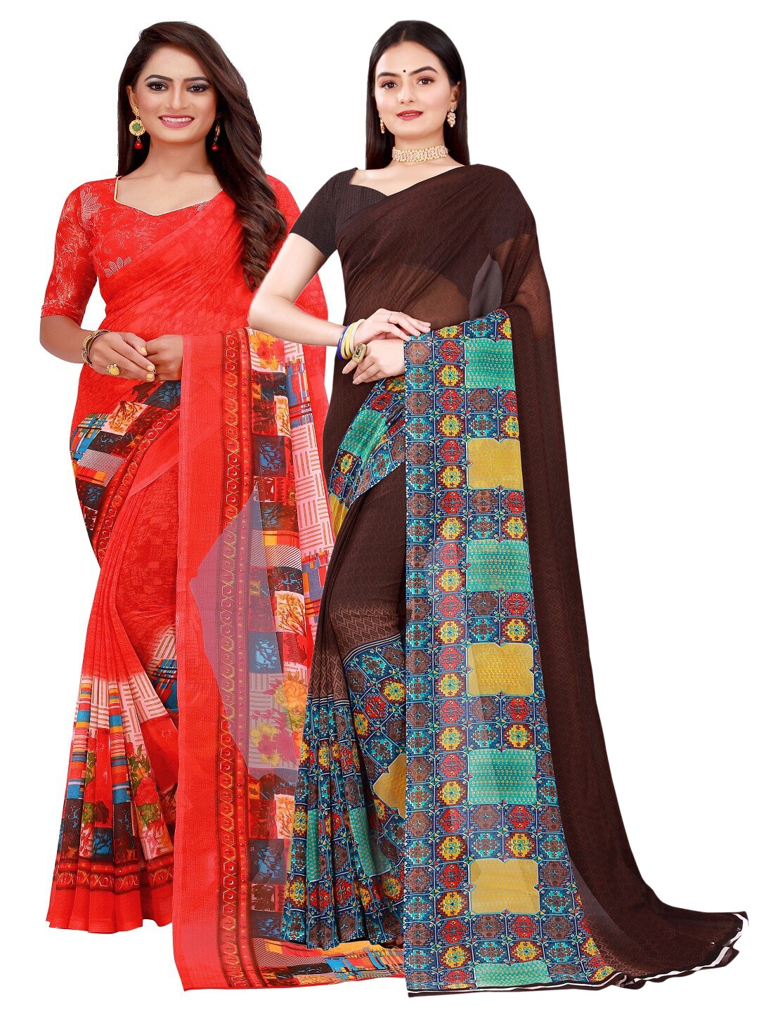 

SAADHVI Set Of 2 Brown & Red Pure Georgette Saree