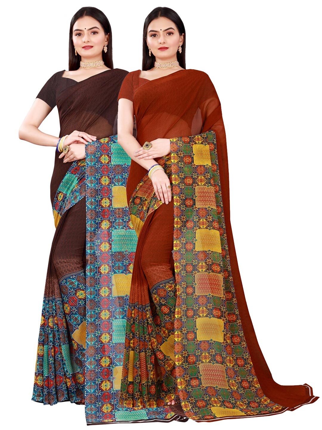 

SAADHVI Set Of 2 Brown & Maroon Pure Georgette Sarees
