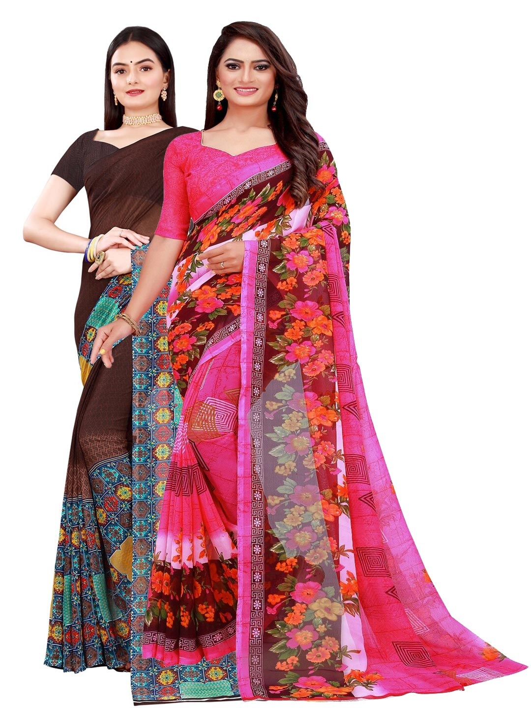 

SAADHVI Pack Of 2 Brown & Pink Pure Georgette Saree