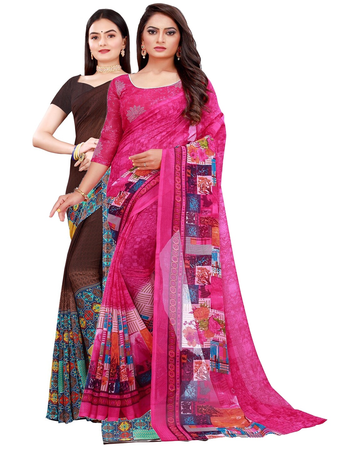 

SAADHVI Pack of 2 Magenta & Brown Pure Georgette Saree