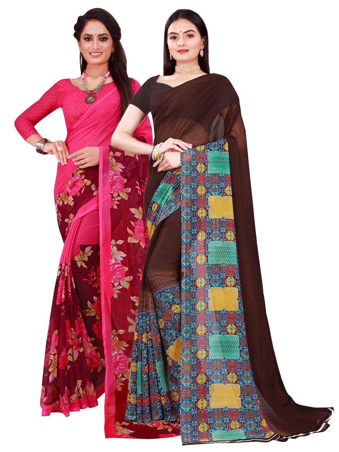 

SAADHVI Women Pack Of 2 Brown & Magenta Printed Pure Georgette Saree