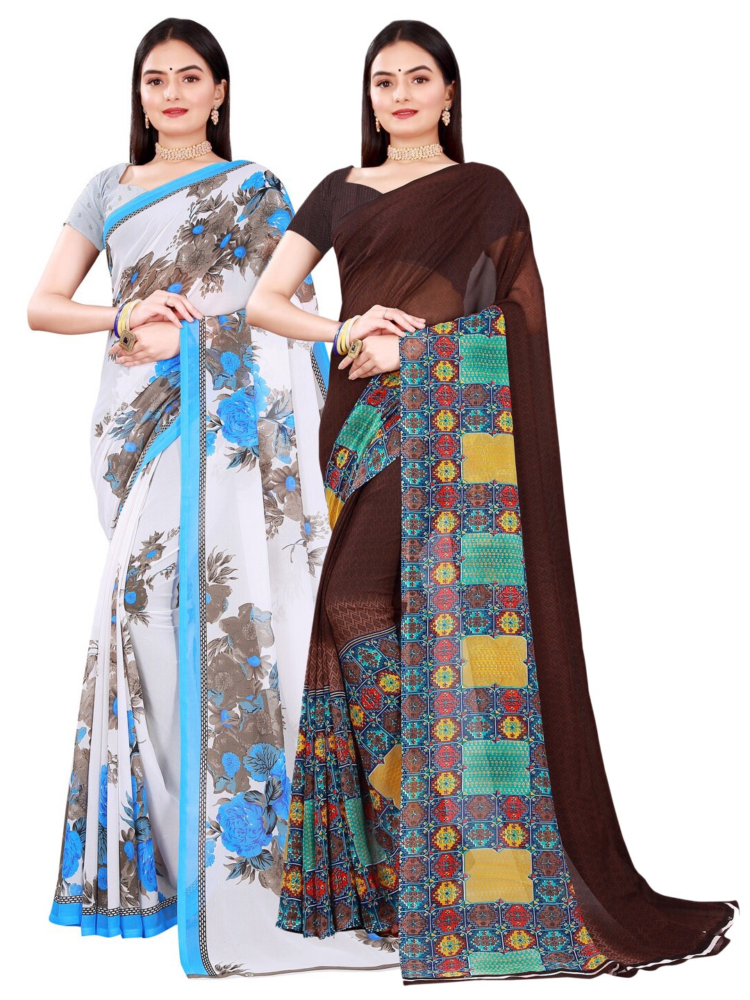 

SAADHVI Pack of 2 Brown & White Ethnic Motifs Pure Georgette Saree