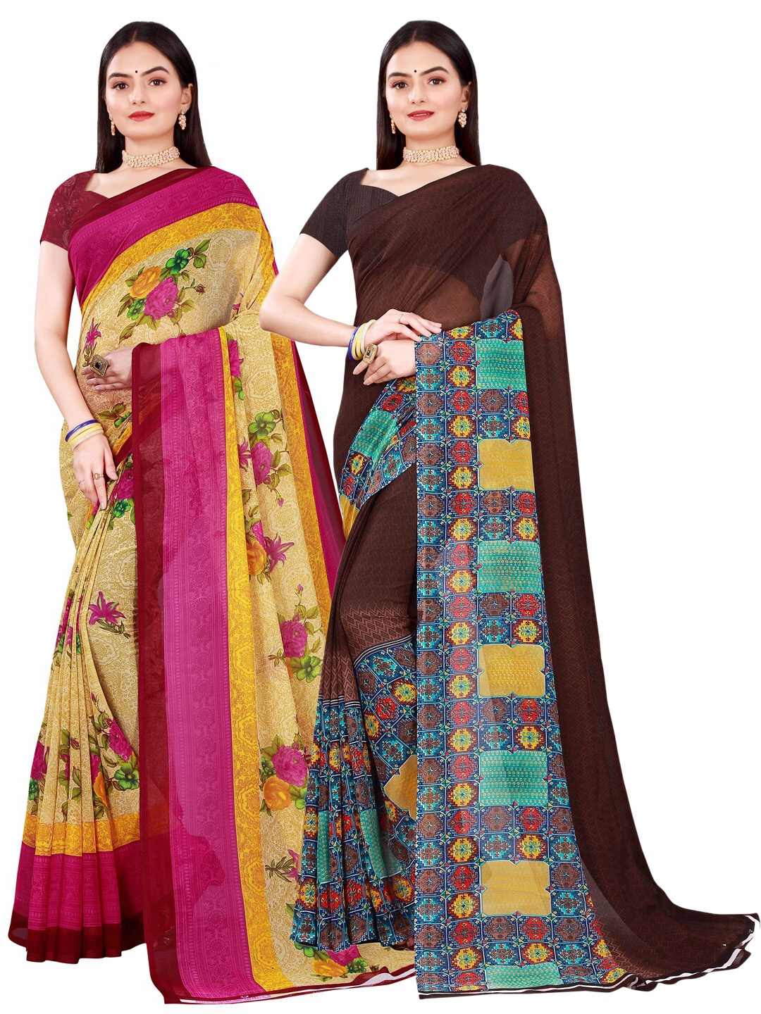 

SAADHVI Beige & Brown Pack Of 2 Floral Pure Georgette Saree