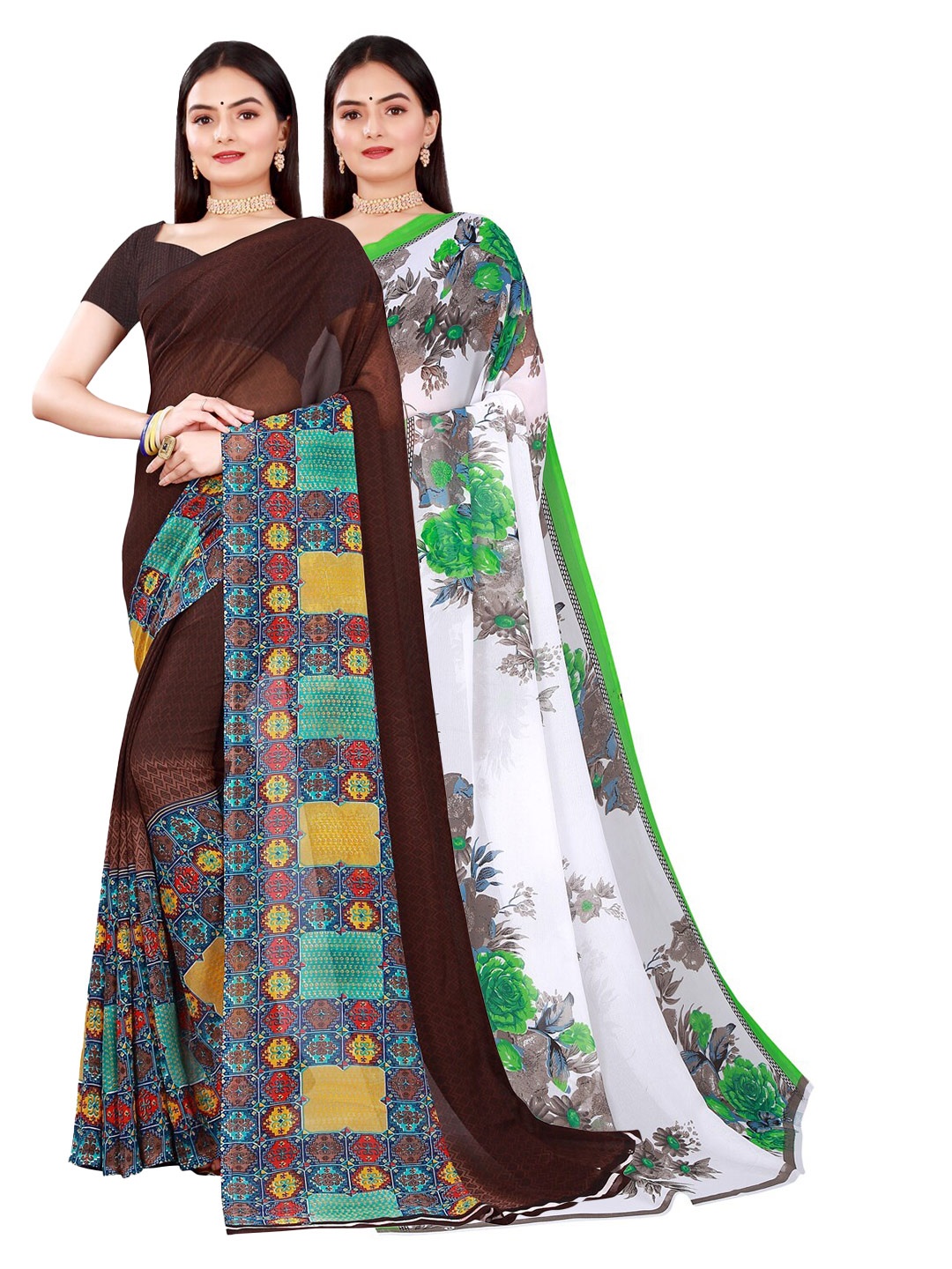 

SAADHVI Set Of 2 Brown & White Printed Floral Pure Georgette Saree