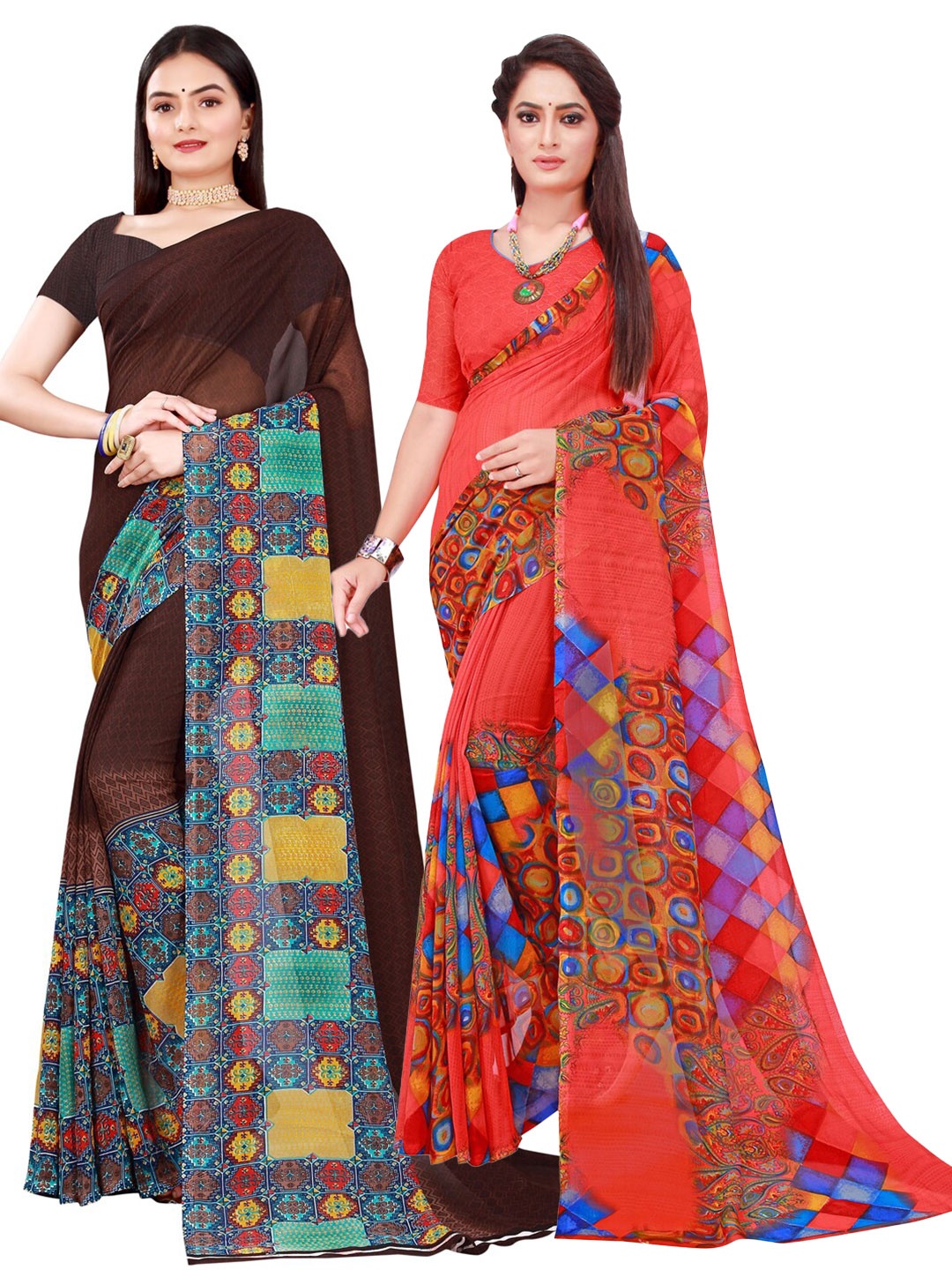 

SAADHVI Set Of 2 Brown & Red Pure Georgette Sarees