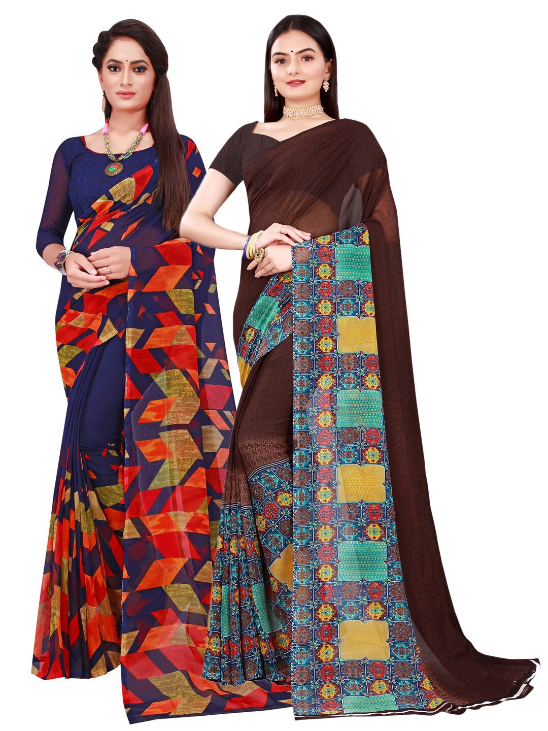 

SAADHVI Pack of 2 Navy Blue & Brown Pure Georgette Saree