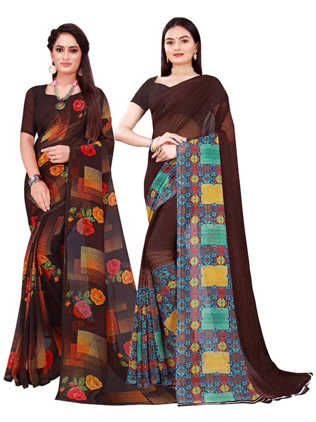 

SAADHVI Set Of 2 Brown & Yellow Floral Pure Georgette Saree