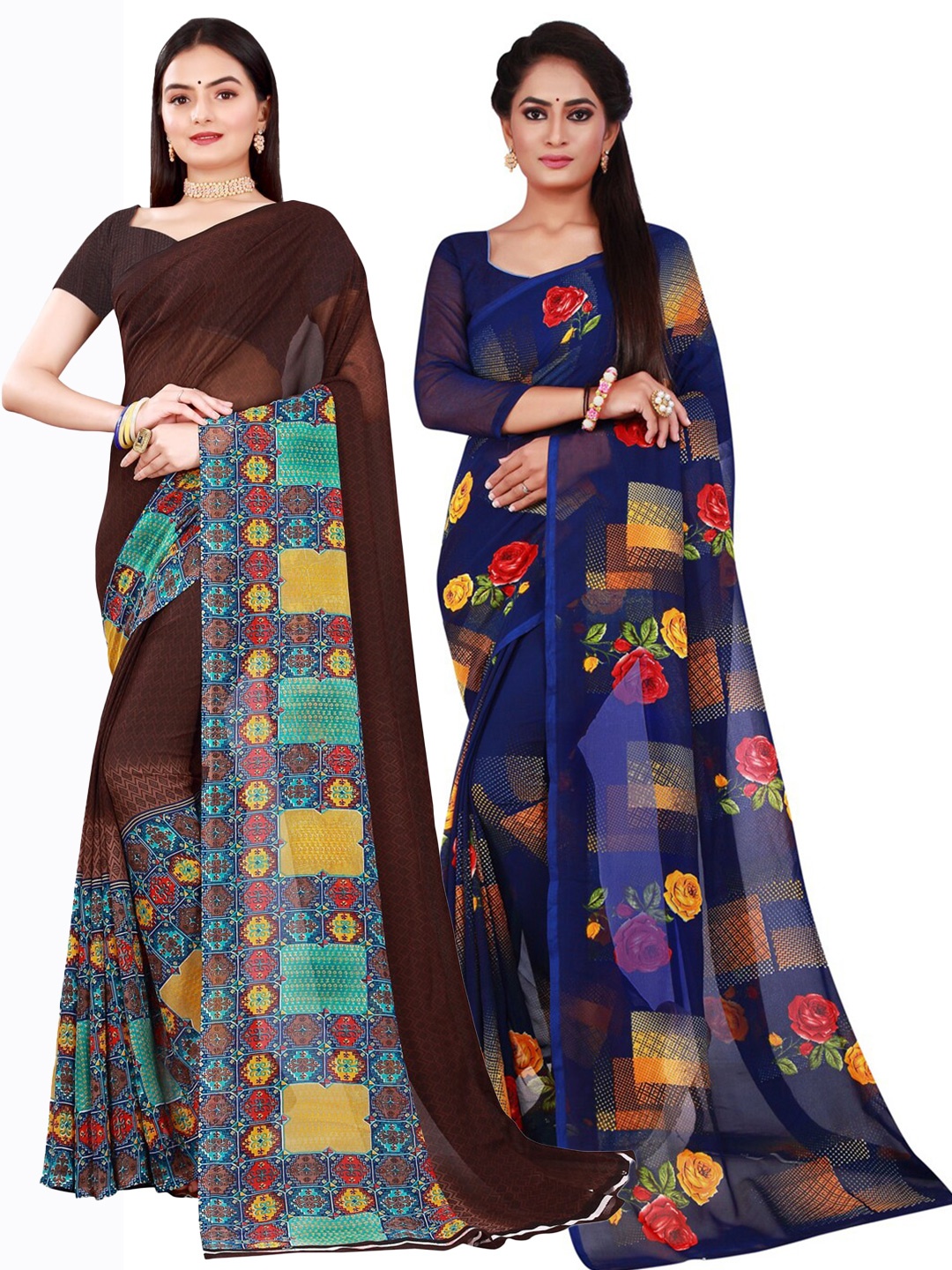 

SAADHVI Pack Of 2 Brown & Navy Blue Pure Georgette Saree