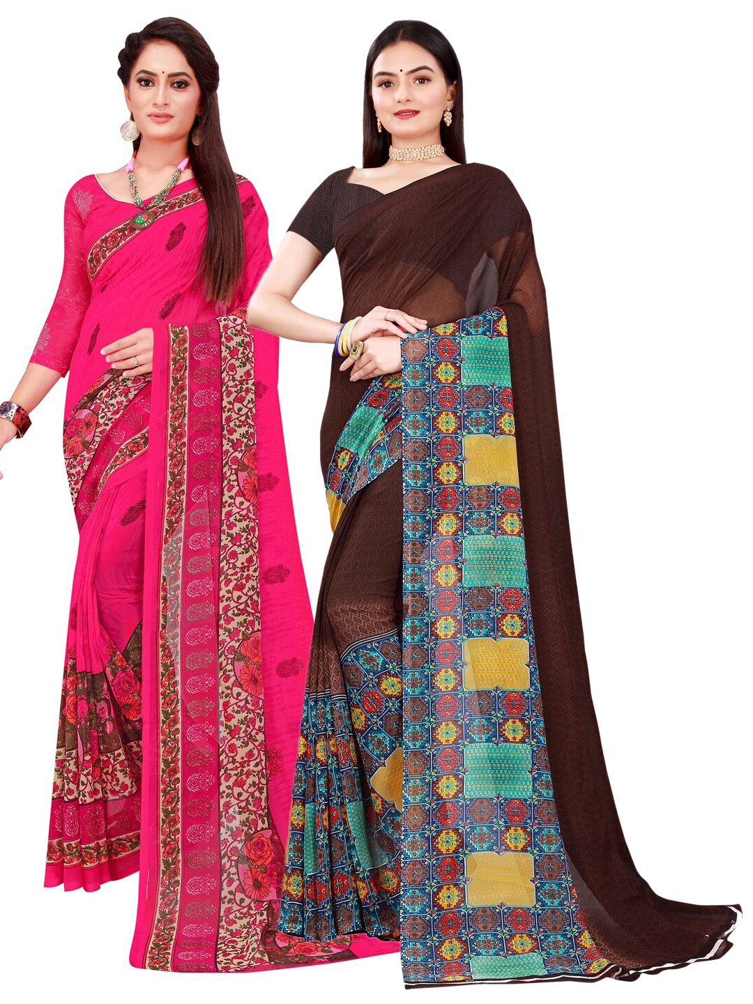 

SAADHVI Pack of 2 Brown & Magenta Pure Georgette Saree