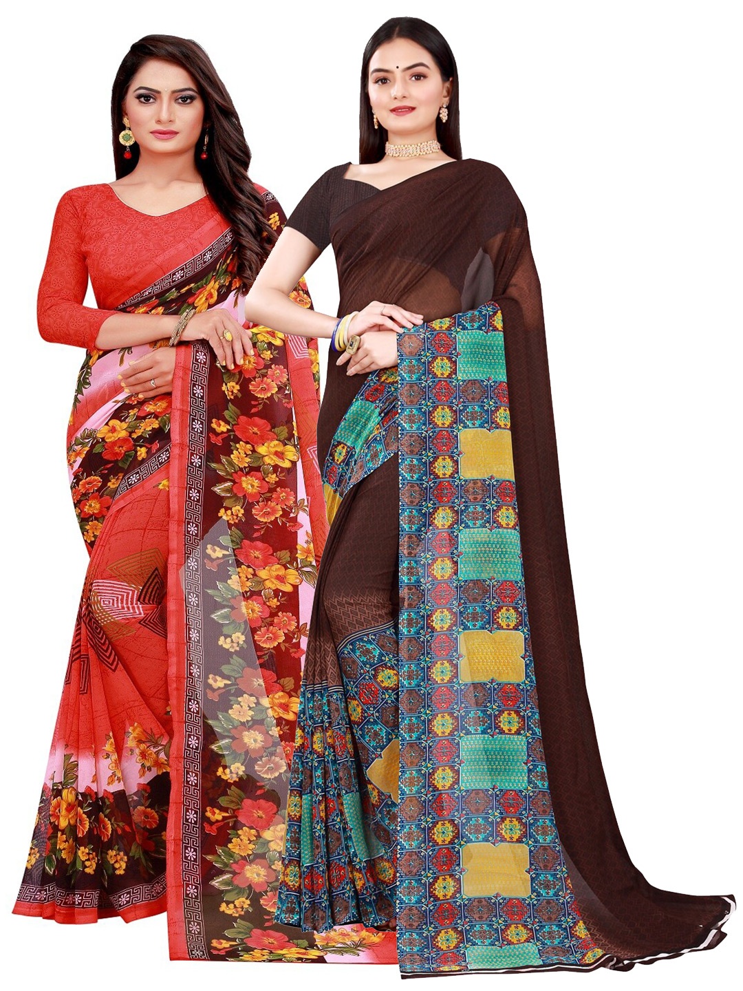 

SAADHVI Women Pack Of 2 Brown & Red Printed Pure Georgette Saree
