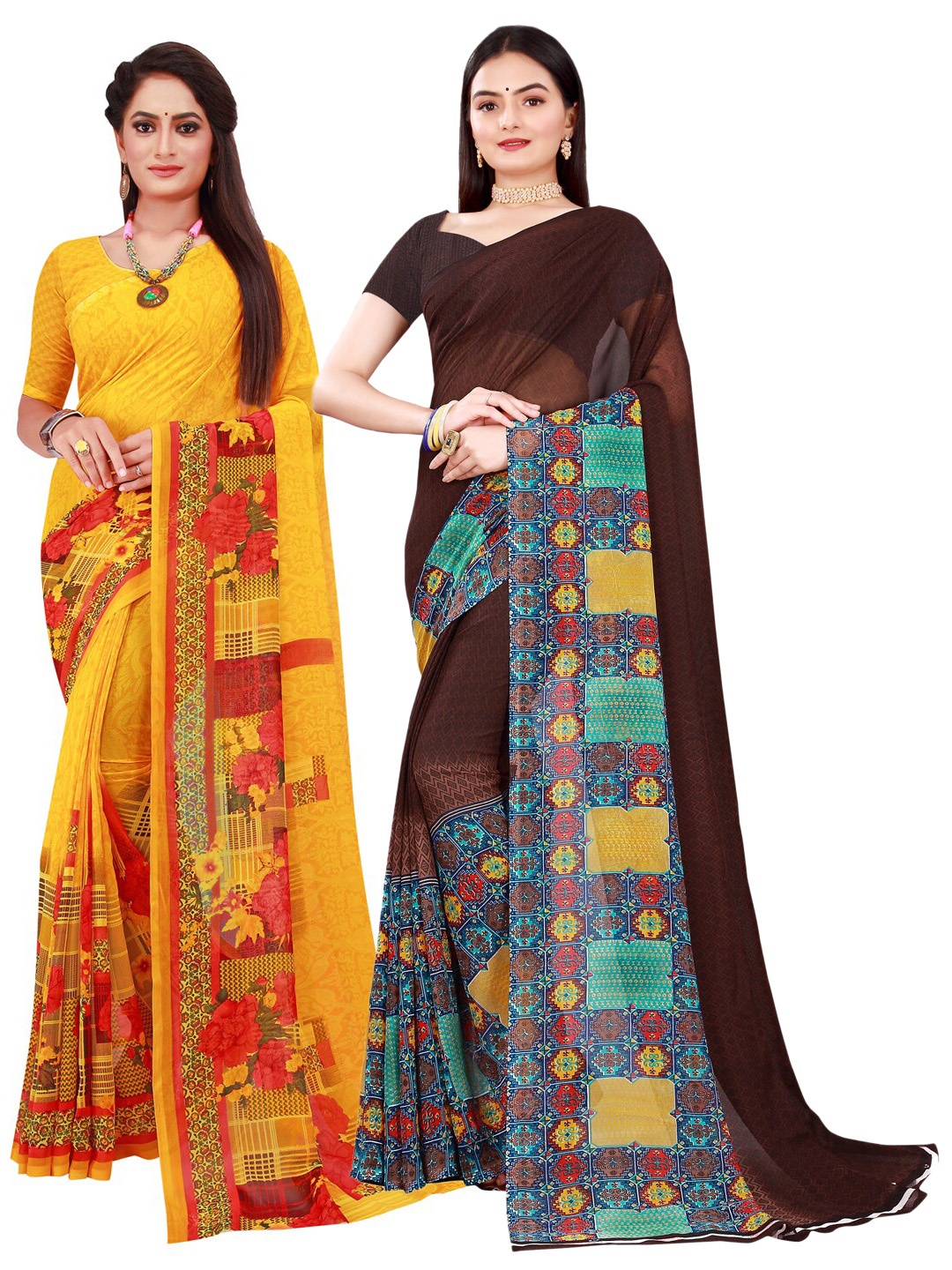 

SAADHVI Pack of 2 Yellow & Brown Floral Pure Georgette Saree