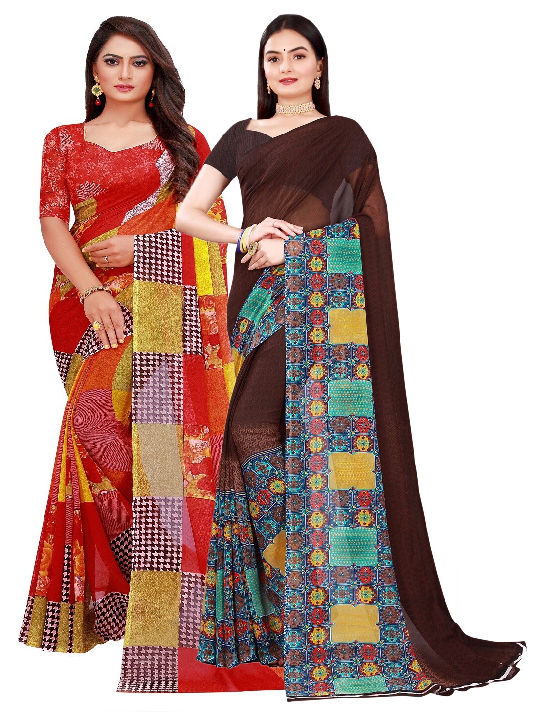 

SAADHVI Pack of 2 Brown & Red Floral Pure Georgette Saree