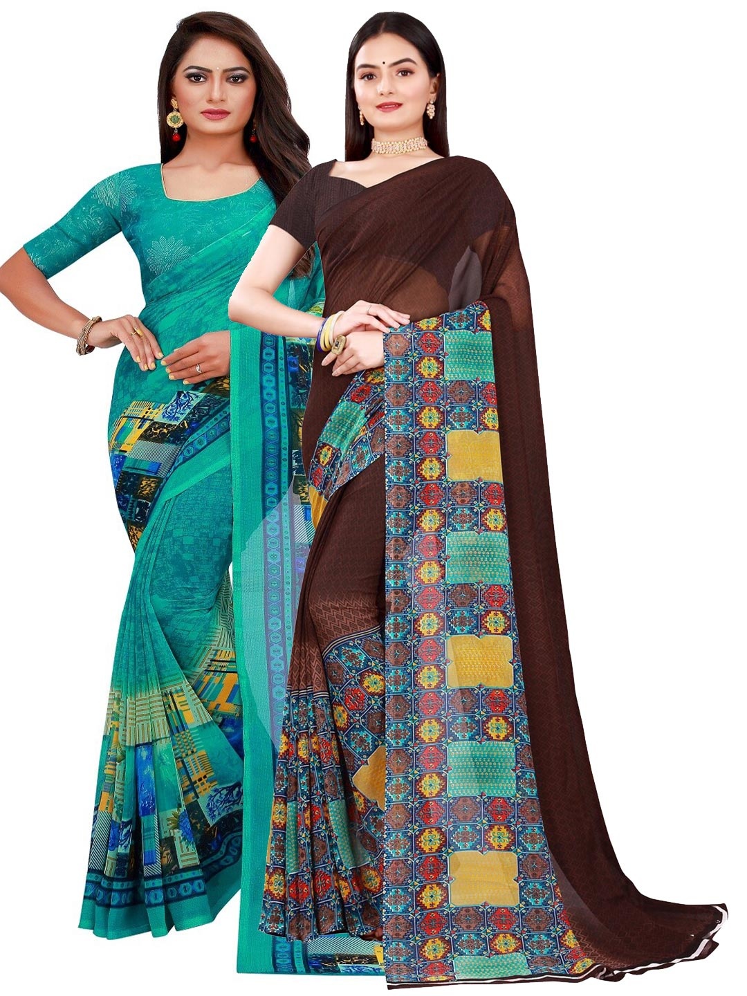 

SAADHVI Set Of 2 Teal & Brown Printed Floral Pure Georgette Saree