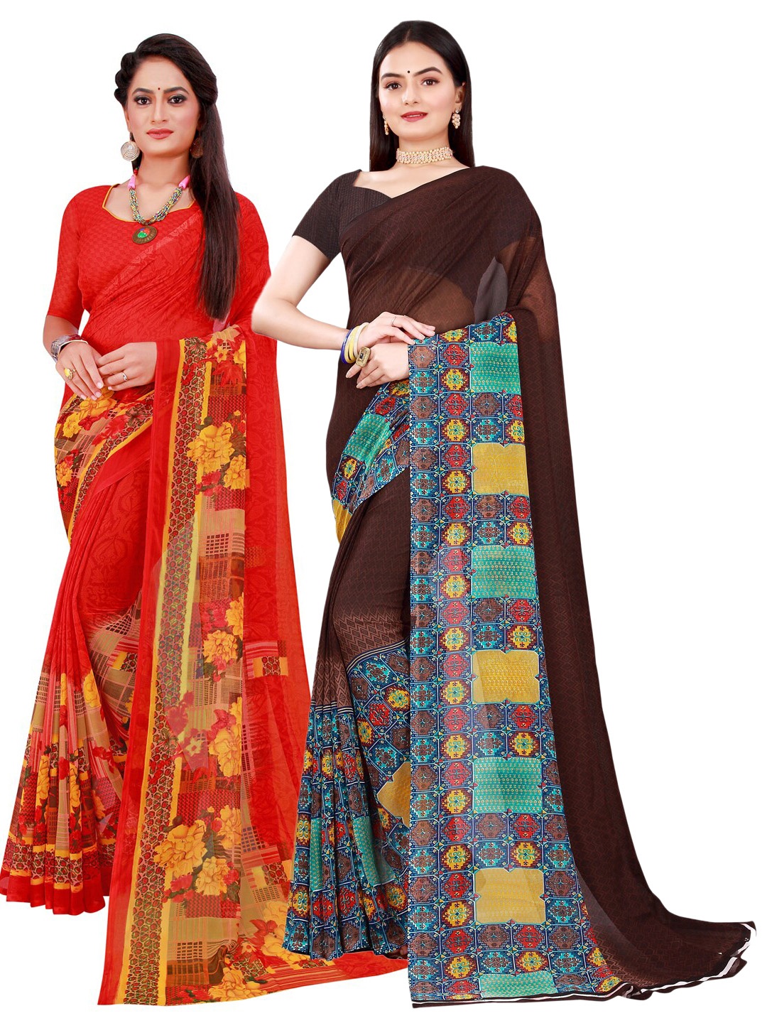 

SAADHVI Brown & Red Pack of 2 Pure Georgette Saree