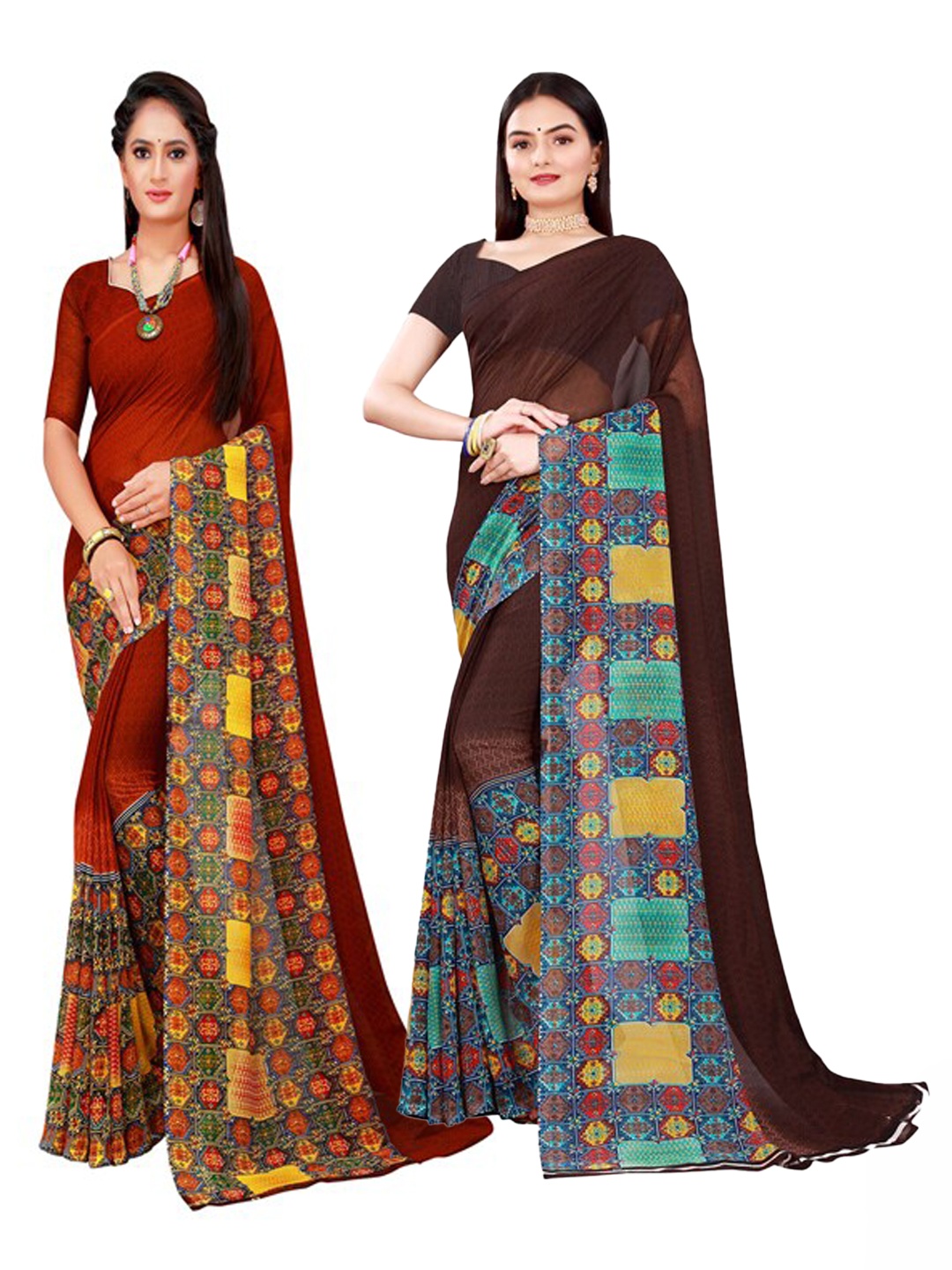 

SAADHVI Set Of 2 Brown & Red Floral Pure Georgette Saree
