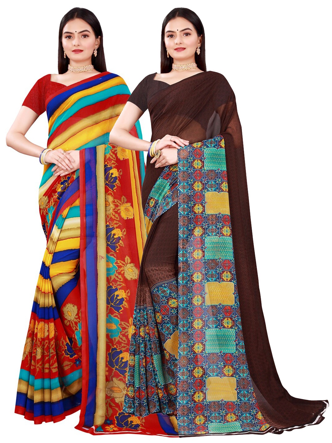 

SAADHVI Set Of 2 Brown & Blue Pure Georgette Sarees