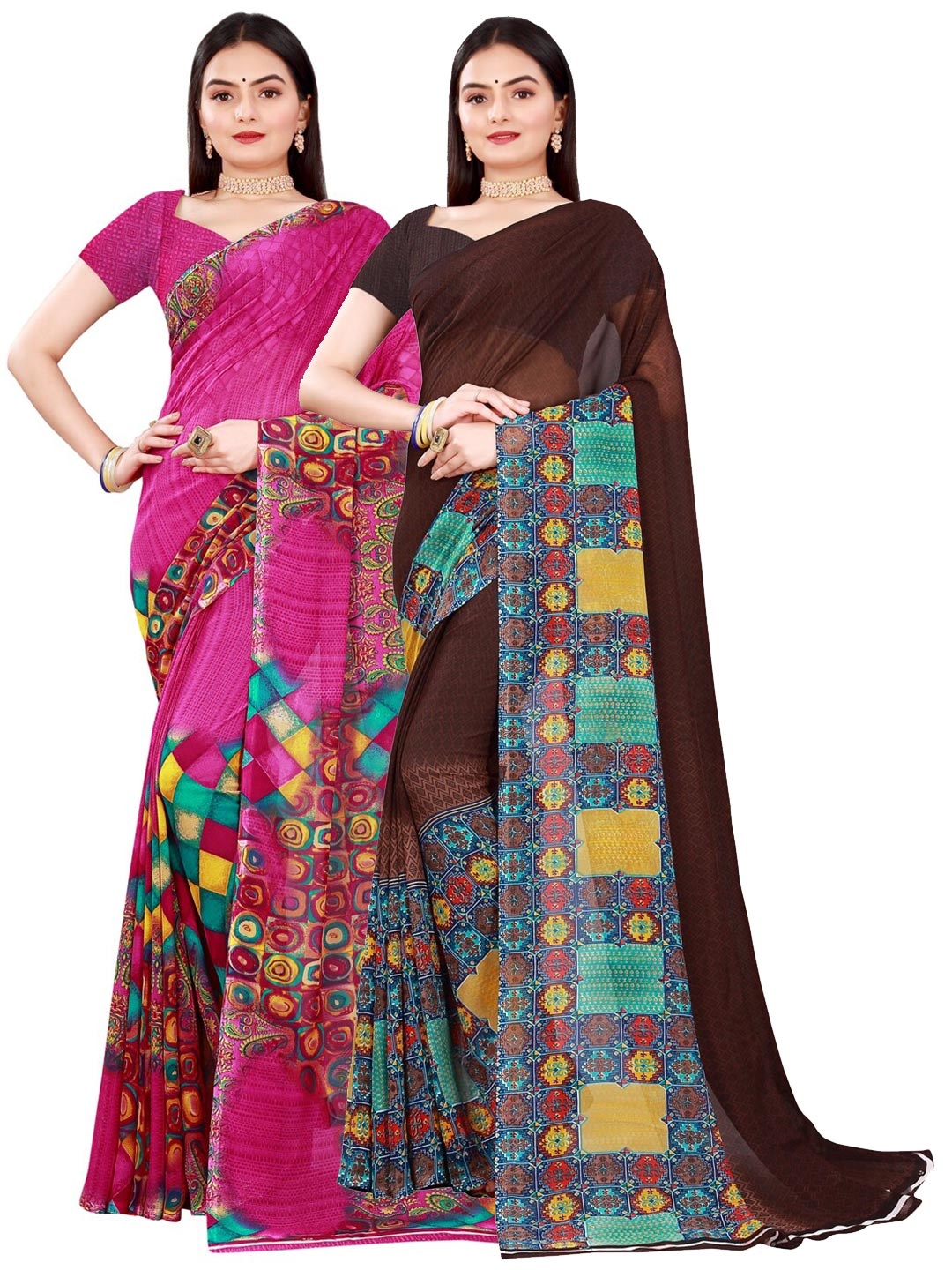 

SAADHVI Pack Of 2 Magenta & Brown Pure Georgette Saree