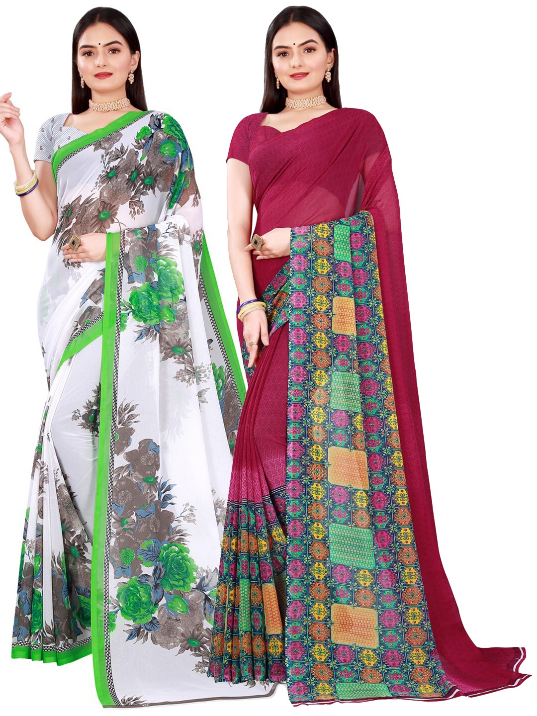 

SAADHVI Pack of 2 Maroon & White Floral Pure Georgette Saree