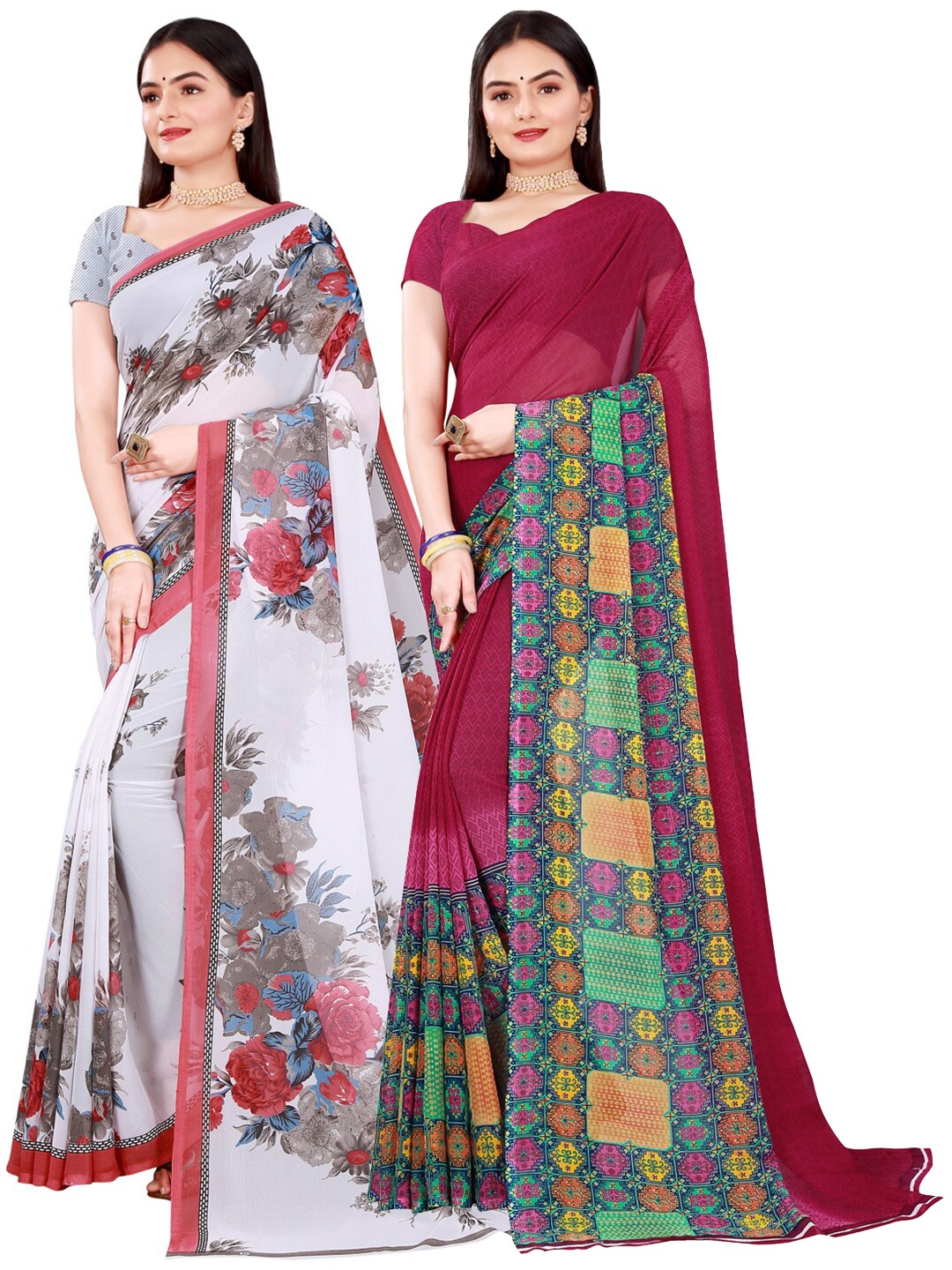 

SAADHVI Pack of 2 Maroon & White Pure Georgette Saree