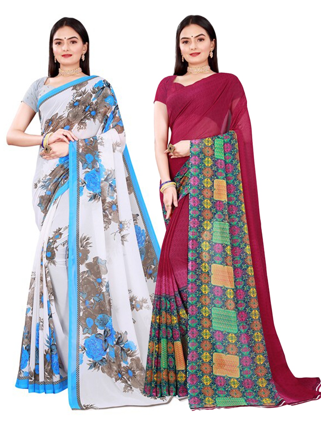 

SAADHVI Women Pack Of 2 Maroon & White Printed Pure Georgette Saree