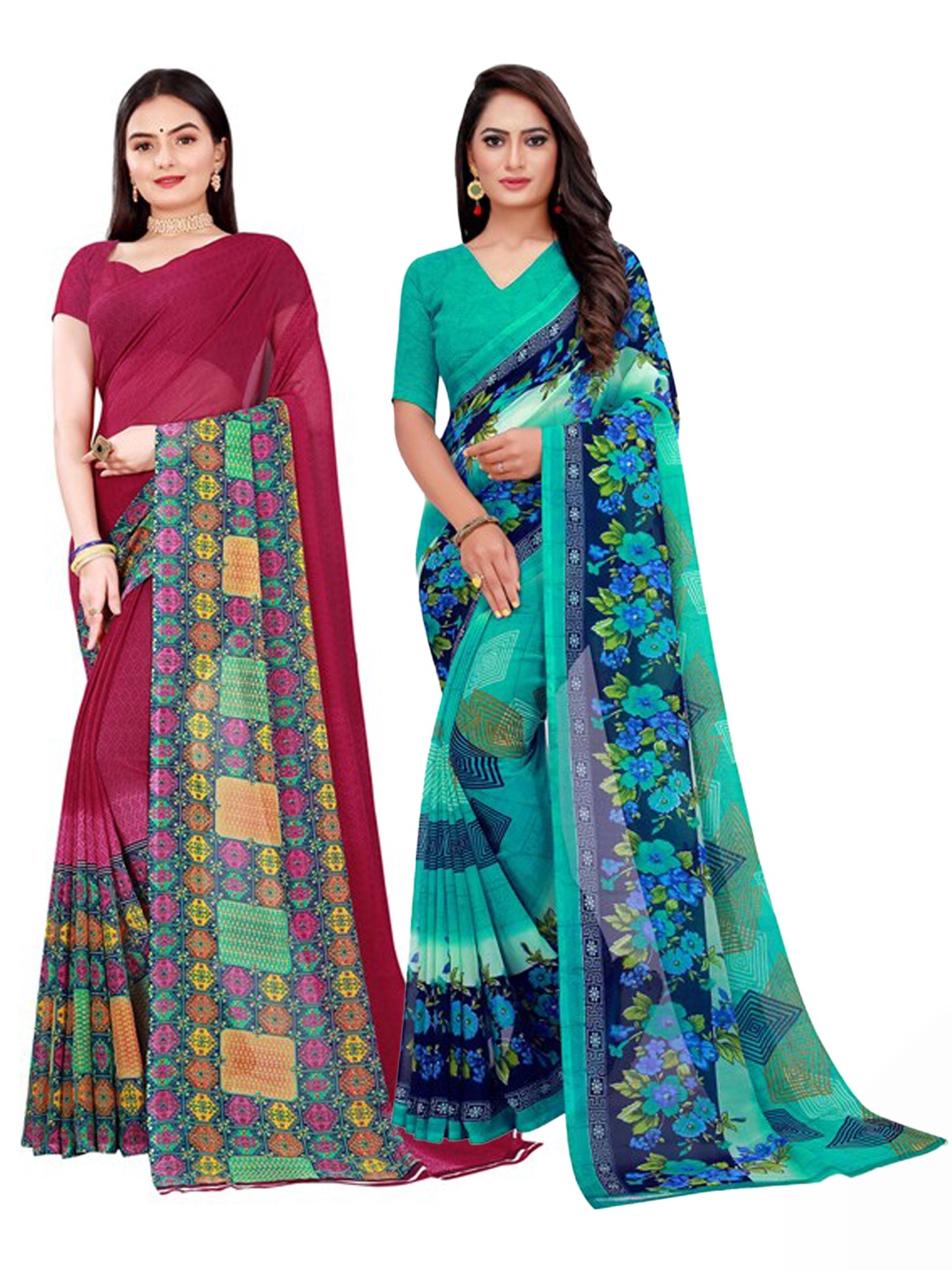 

SAADHVI Teal & Maroon Set Of 2 Printed Pure Georgette Saree