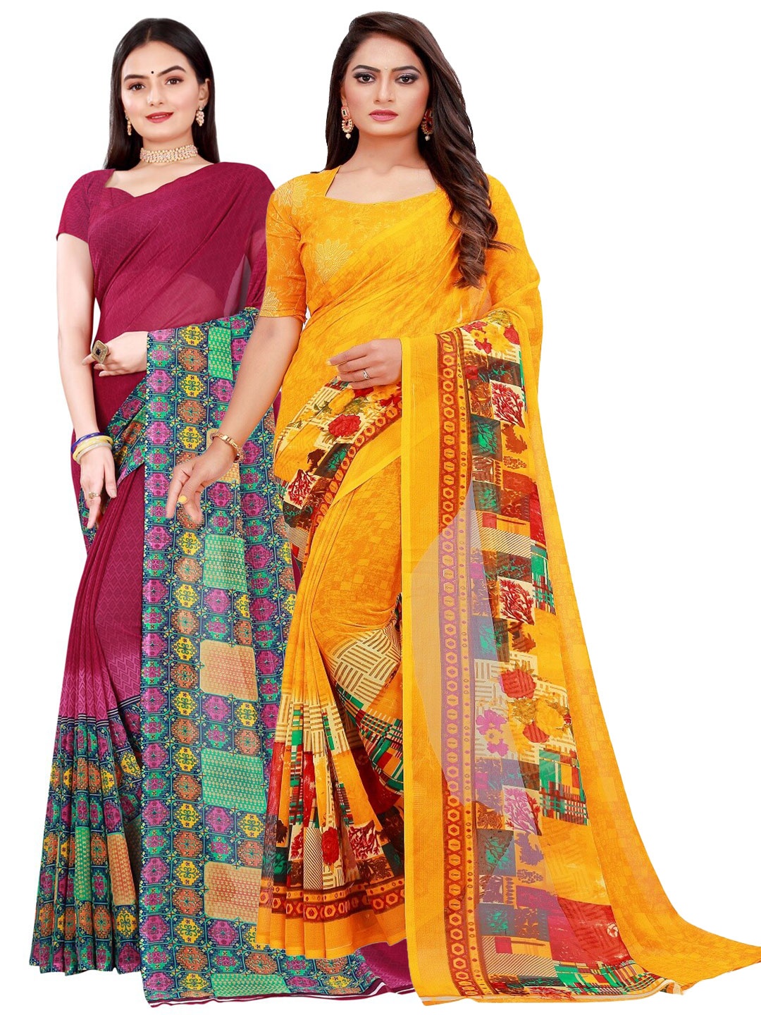 

SAADHVI Pack of 2 Maroon & Yellow Ethnic Motifs Pure Georgette Saree