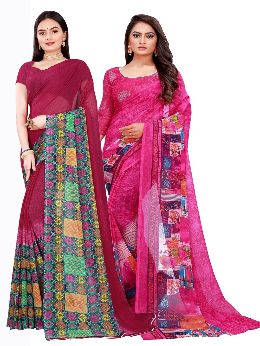 

SAADHVI Pack of 2 Magenta & Maroon Pure Georgette Sarees