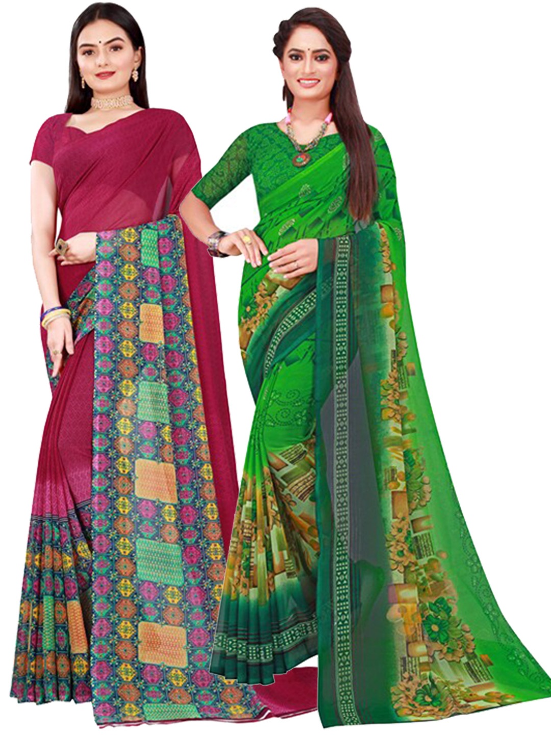 

SAADHVI Pink & Green Floral Pure Georgette Pack Of 2 Saree