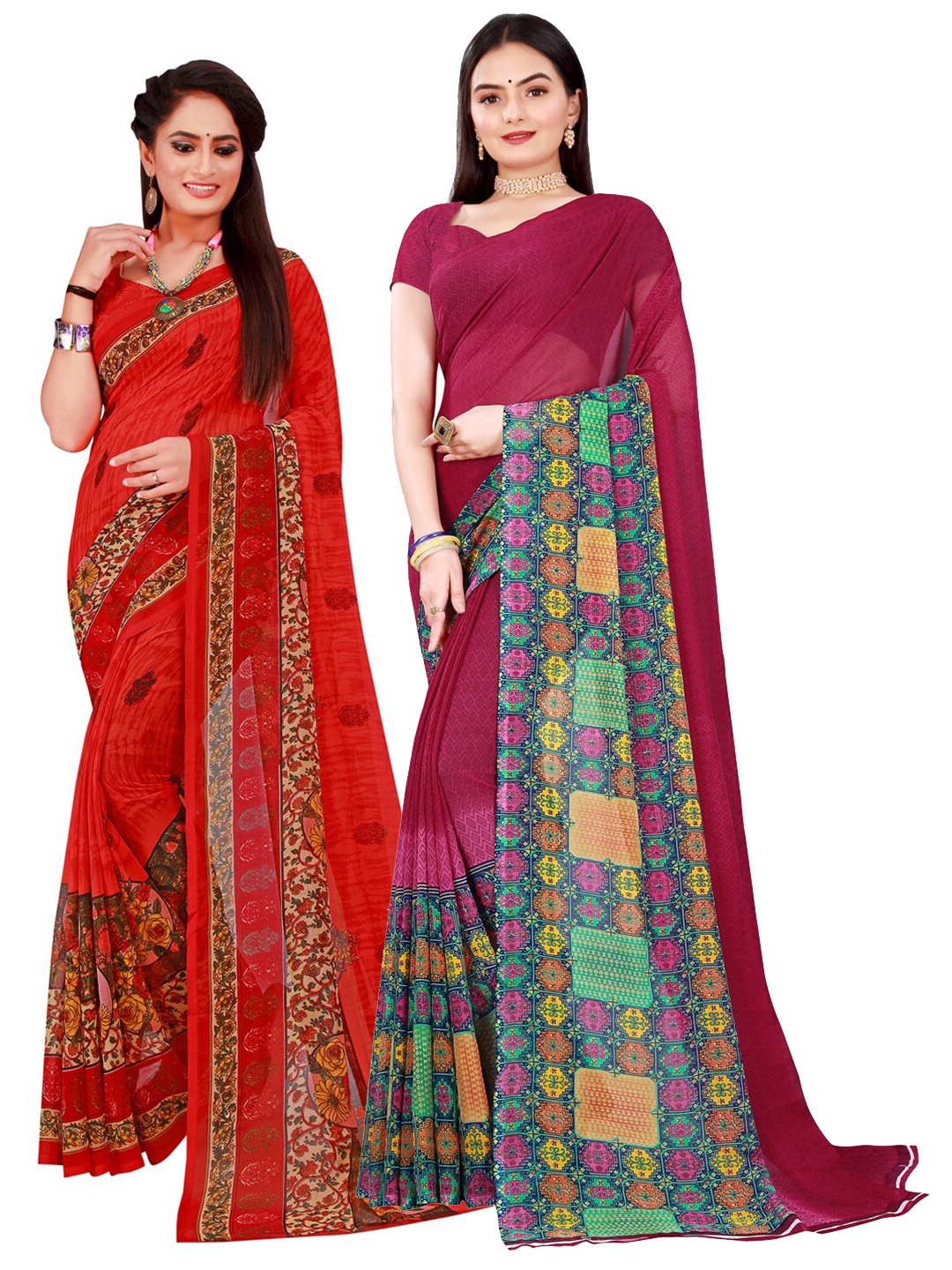 

SAADHVI Pack of 2 Maroon & Red Floral Pure Georgette Saree