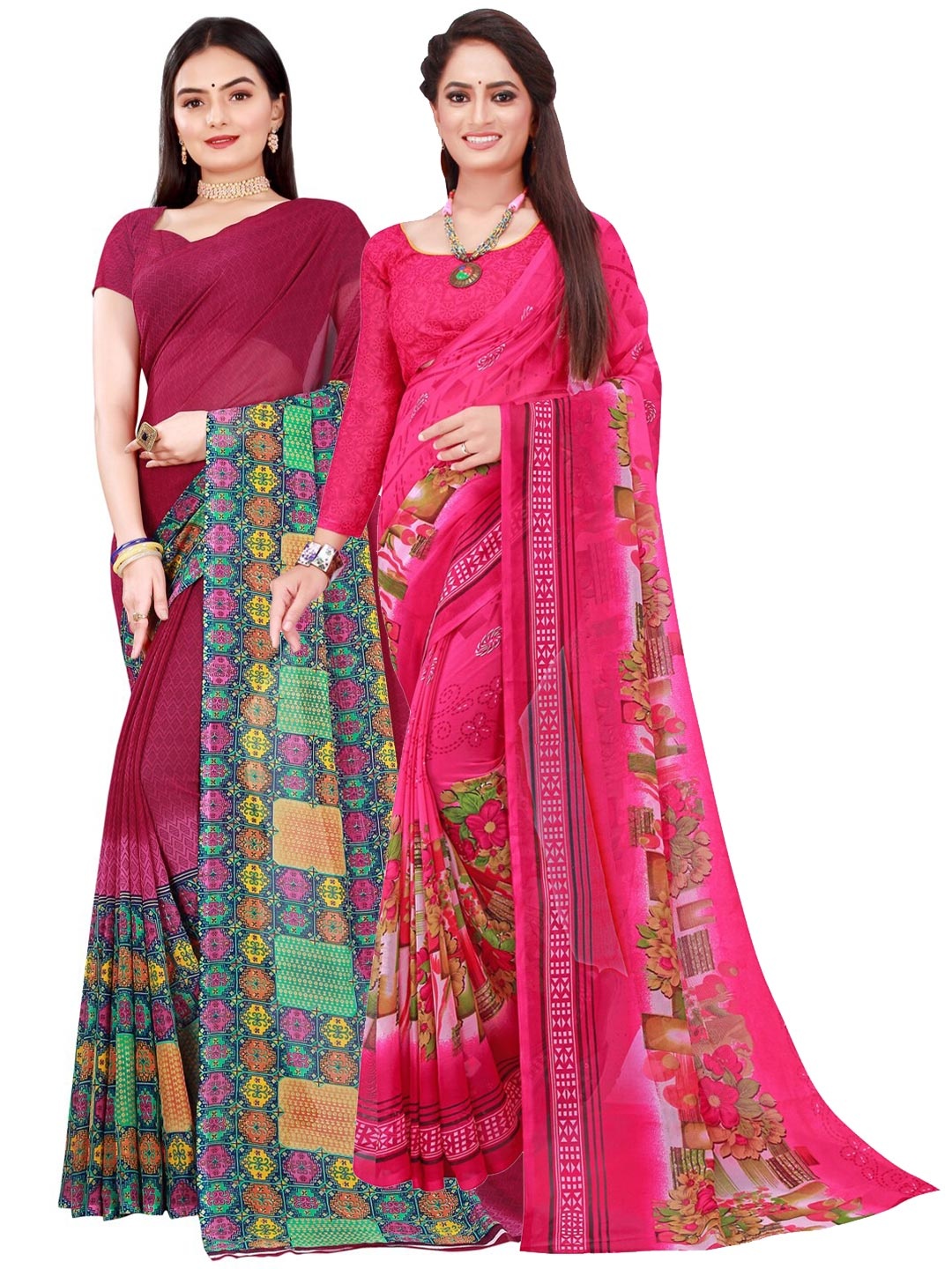 

SAADHVI Maroon & Pink Pack Of 2 Floral Pure Georgette Saree