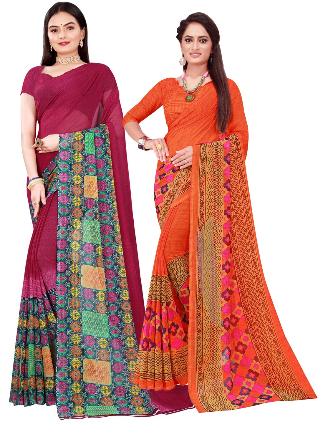 

SAADHVI Set Of 2 Orange & Maroon Printed Pure Georgette Saree