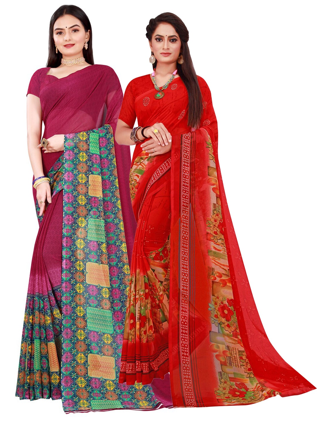 

SAADHVI Maroon & Red Pack of 2 Pure Georgette Saree