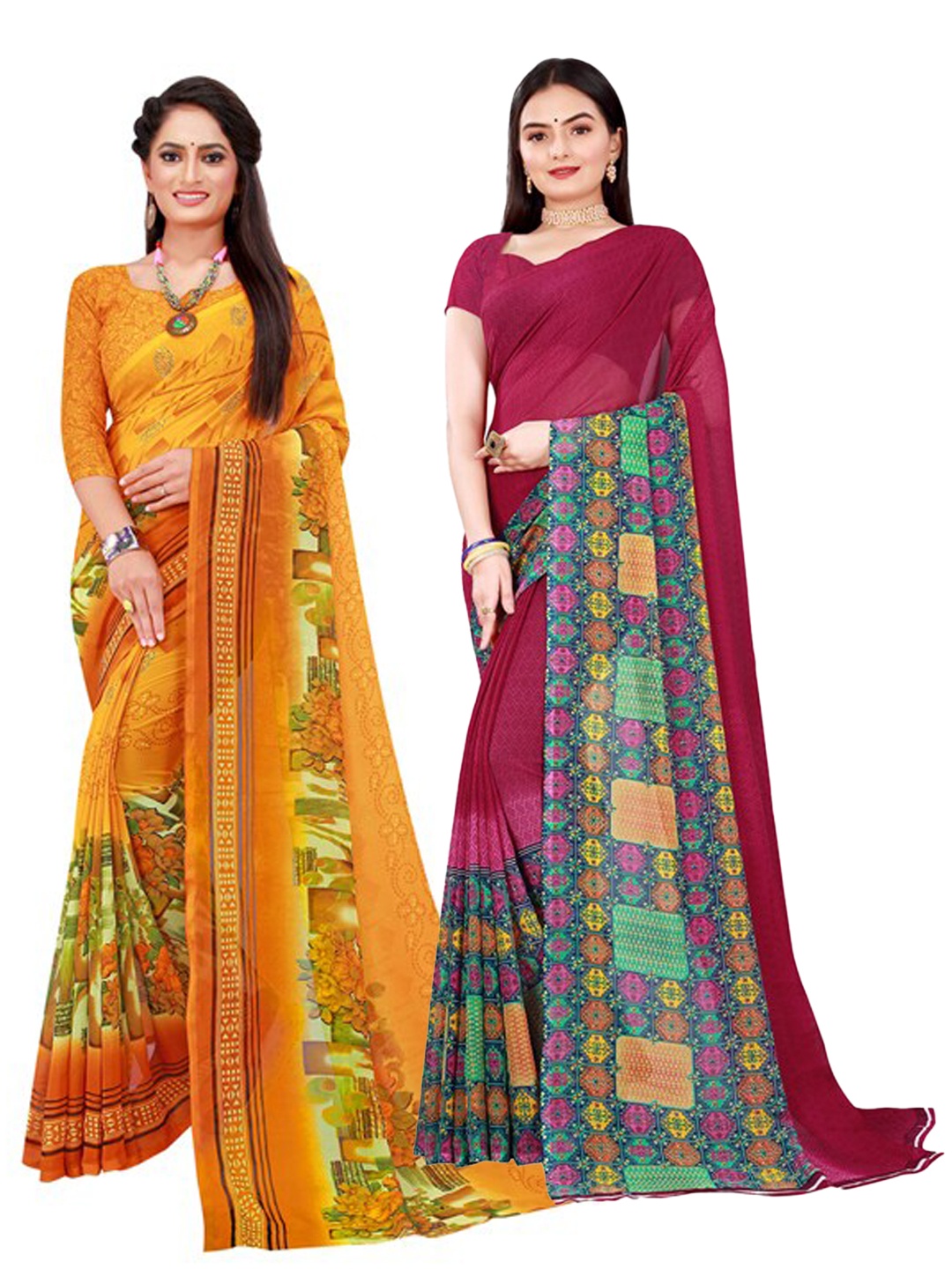 

SAADHVI Maroon & Yellow Pure Georgette Saree
