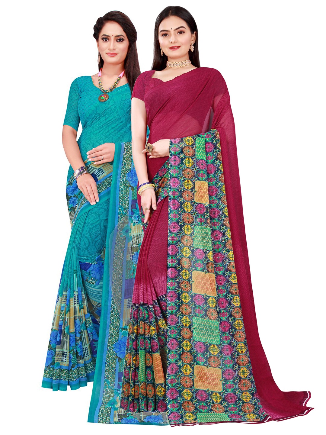 

SAADHVI Set Of 2 Maroon & Turquoise Blue Pure Georgette Sarees