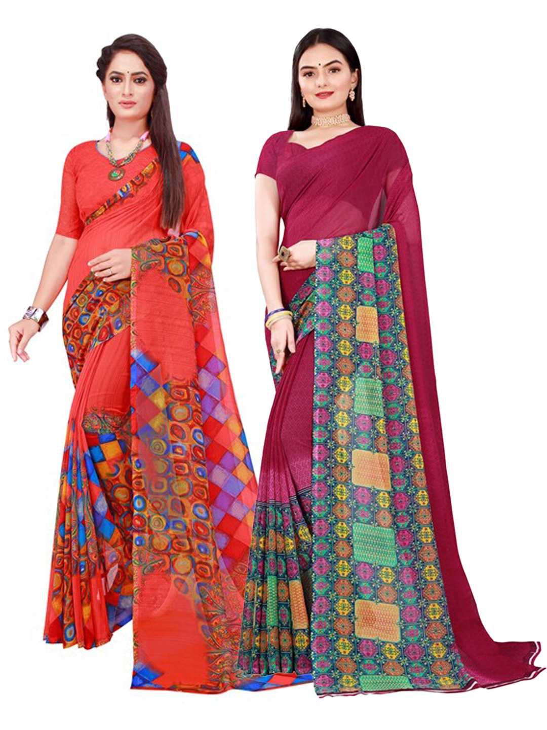 

SAADHVI Pack of 2 Maroon & Red Pure Georgette Saree