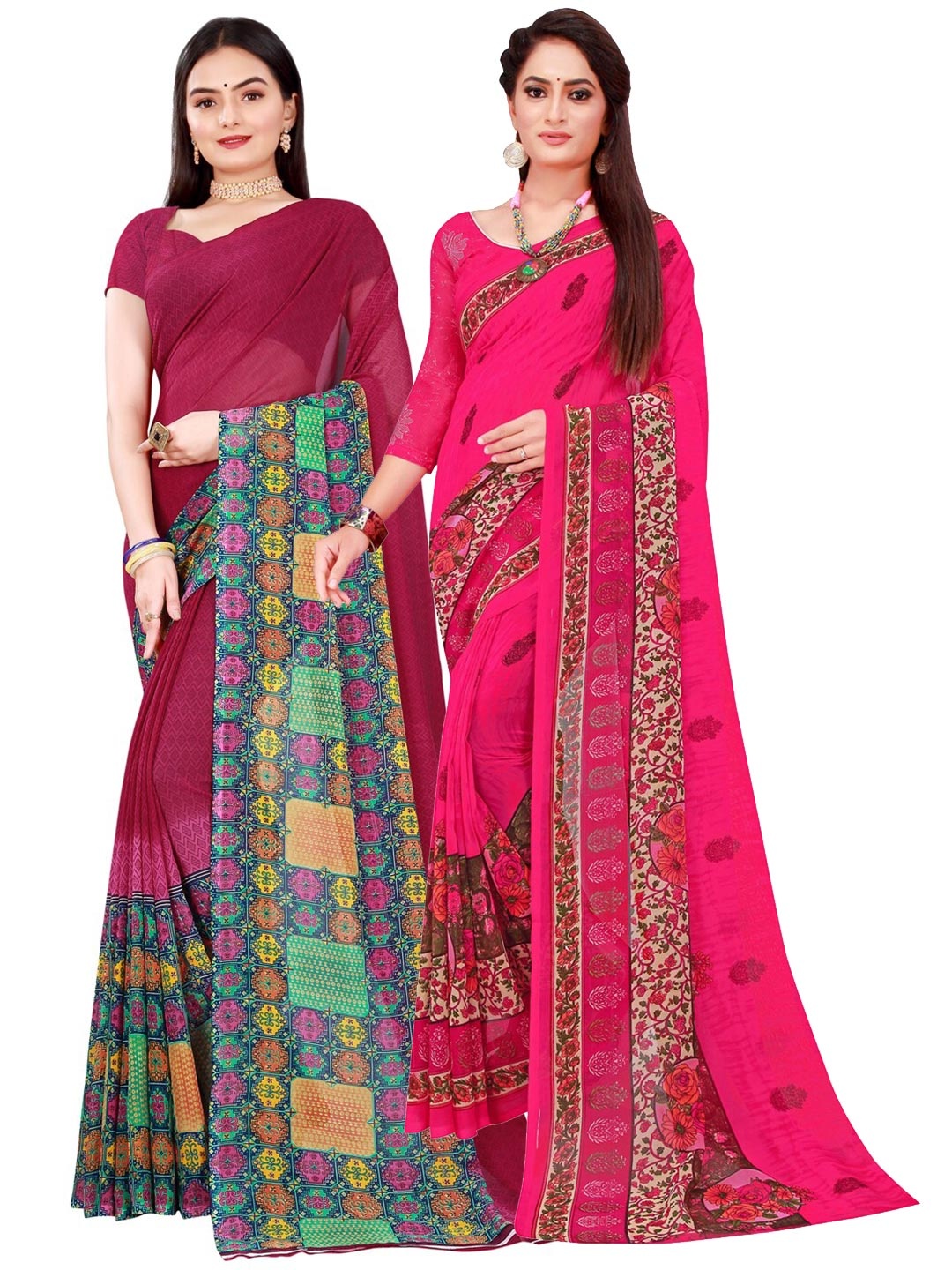 

SAADHVI Pack Of 2 Maroon & Magenta Pure Georgette Saree