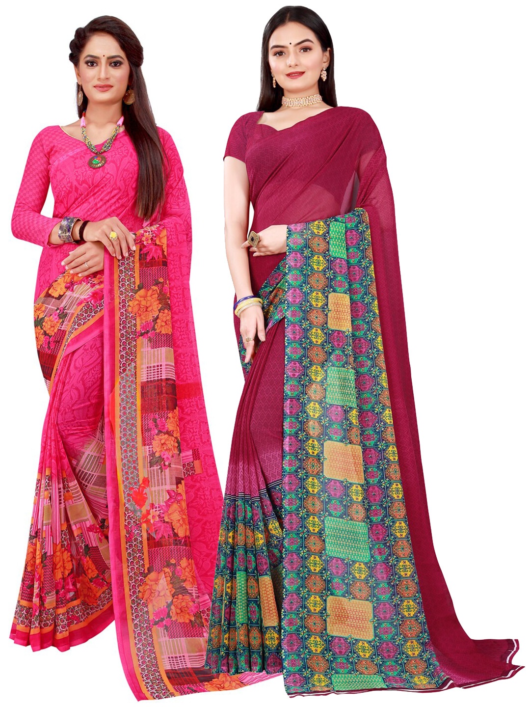 

SAADHVI Pack of 2 Pink & Maroon Ethnic Motifs Pure Georgette Saree